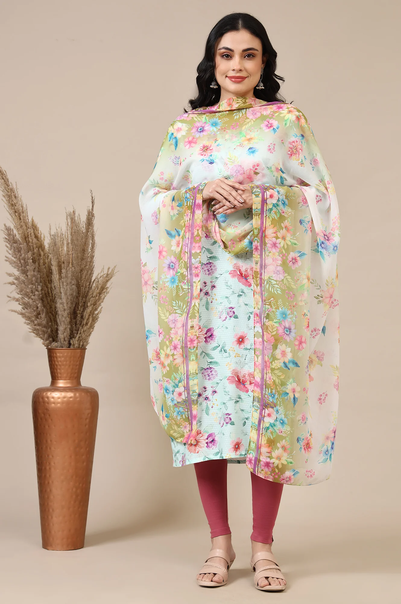 Multi-coloured Floral Printed Georgette Dupatta - Image 3