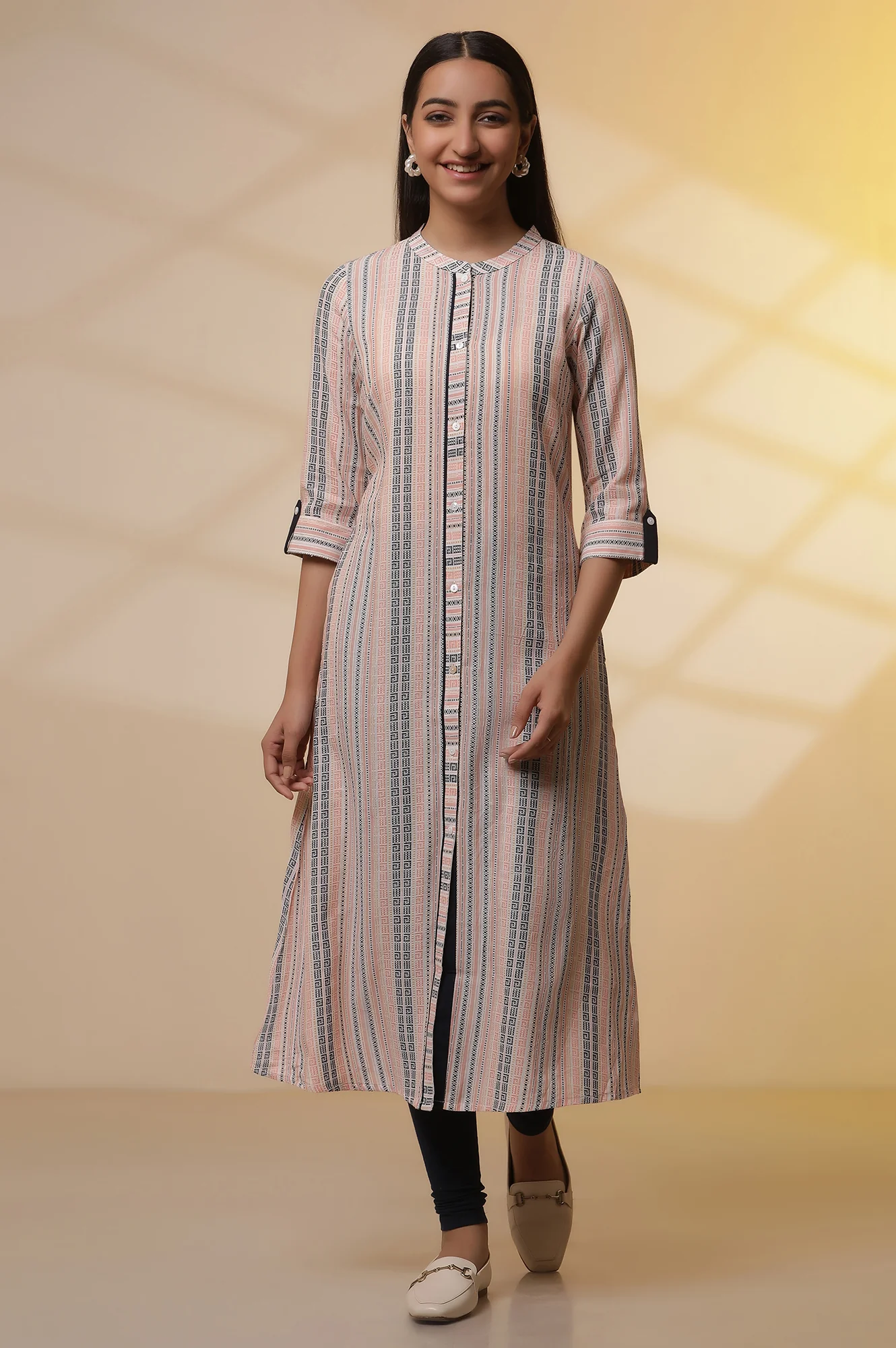 Multi-coloured Stripe Dobby Kurta and Tights Set - Image 2