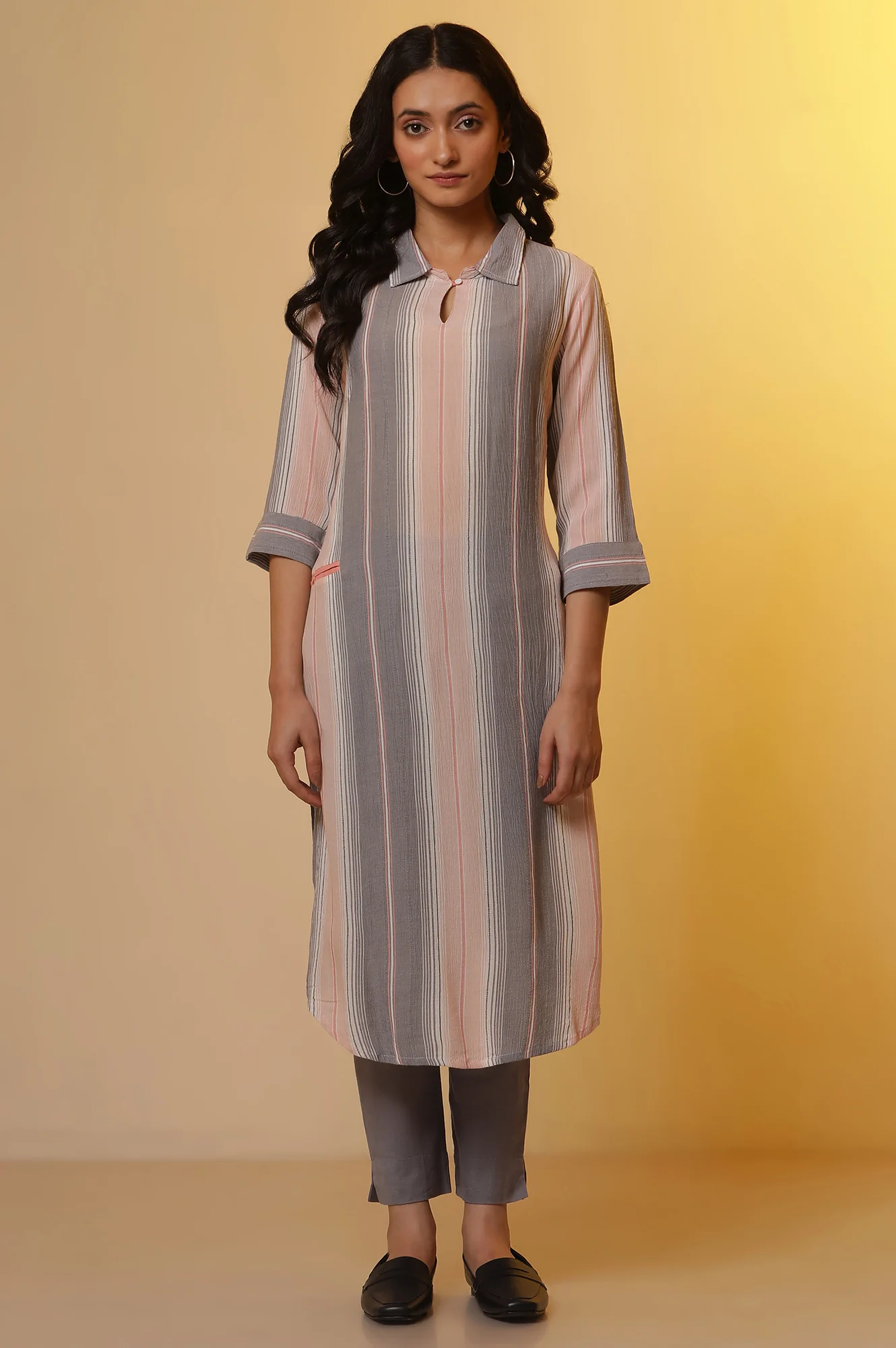 Multi-coloured Stripe Printed Kurta and Trousers Set - Image 2