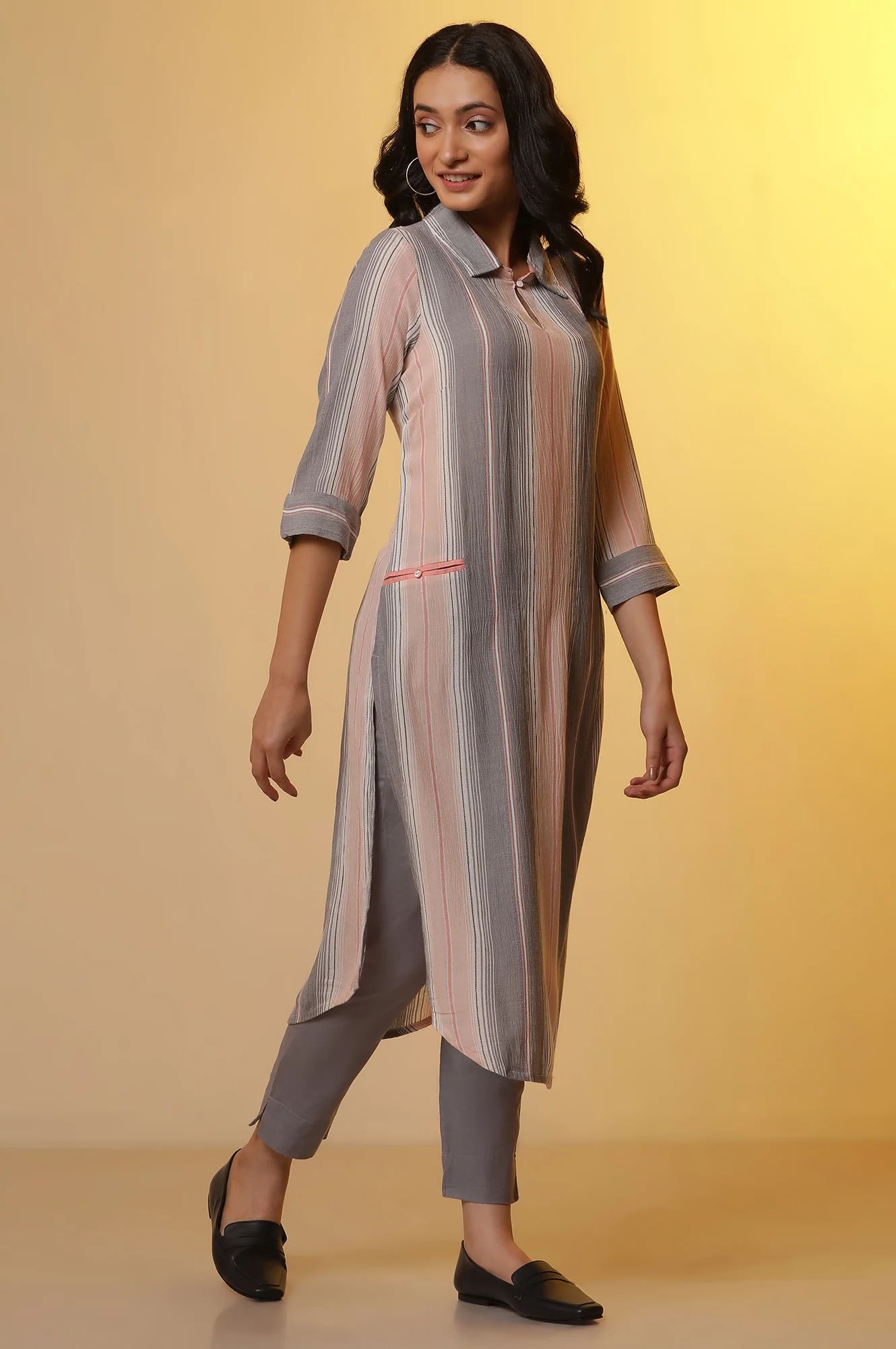 Multi-coloured Stripe Printed Kurta and Trousers Set - Image 5