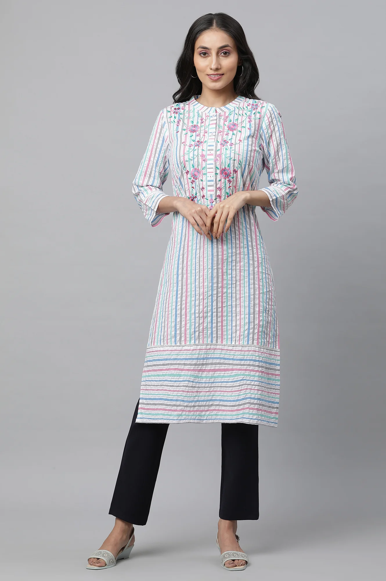 Multi-coloured Stripe Printed Textured Cotton Embroidered Kurta - Image 2