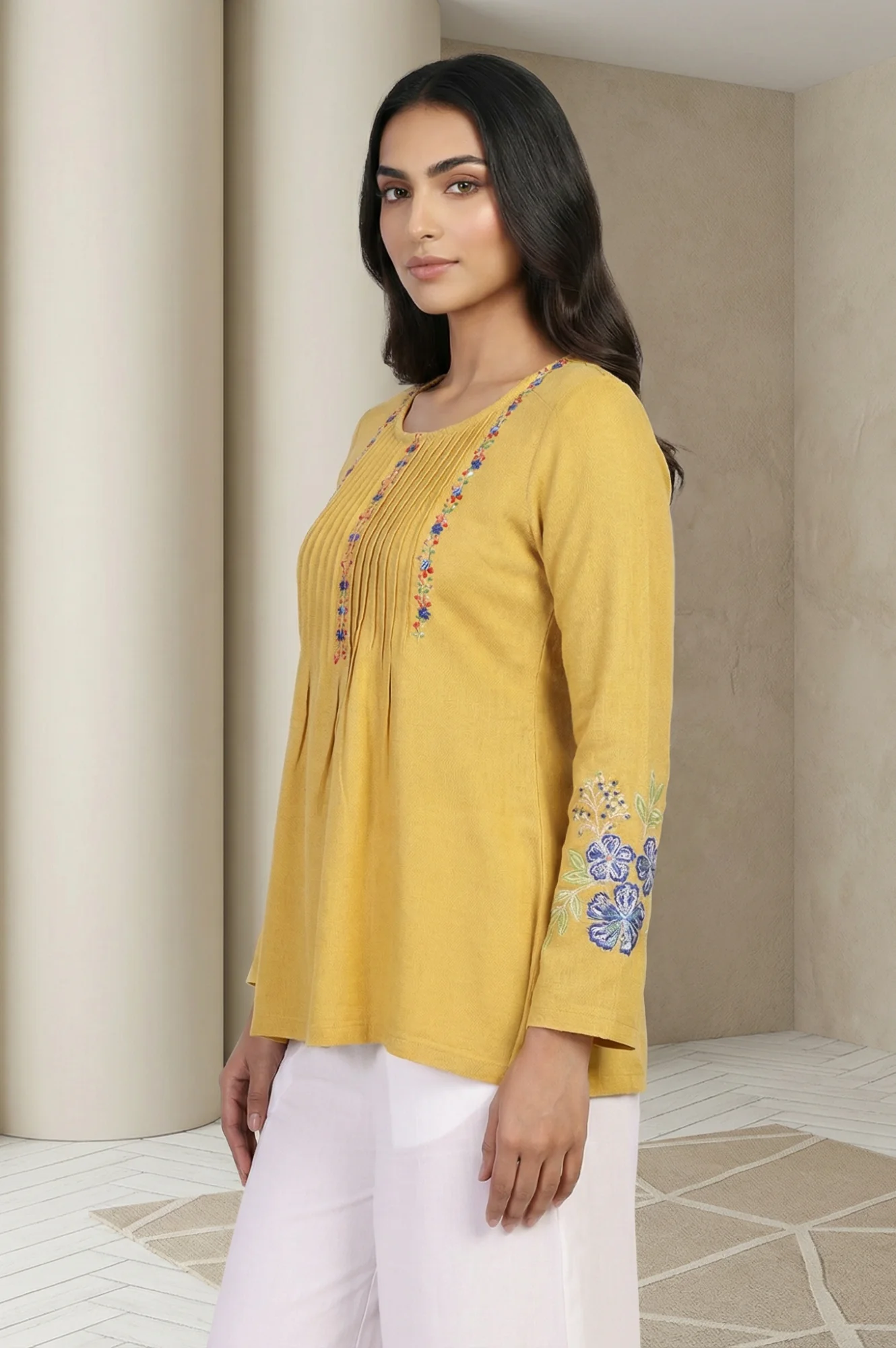 Mustard Floral Embroidered Acrylic Flared Top for Winter - Image 3