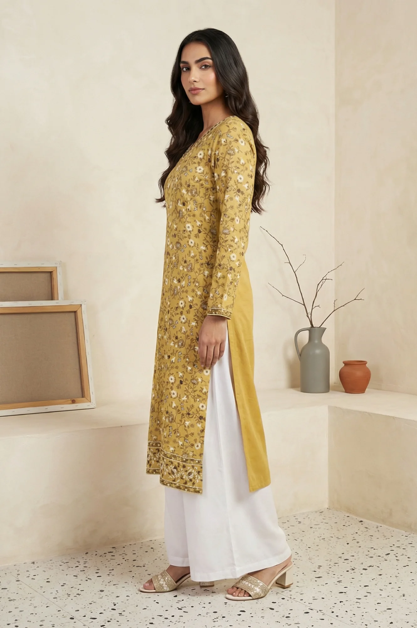 Mustard Floral Printed Thread Work Acrylic Straight Kurta for Winter - Image 3