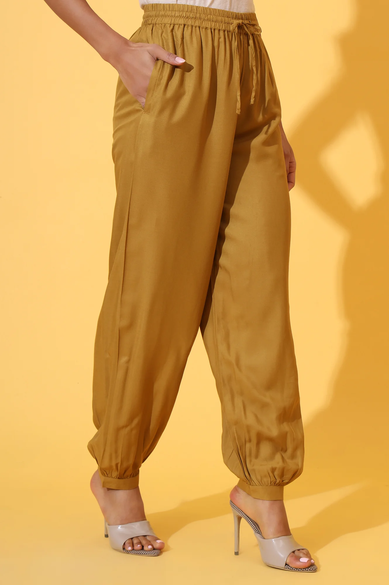 Mustard Solid Ankle Length Rayon Harem Pants - Image 5
