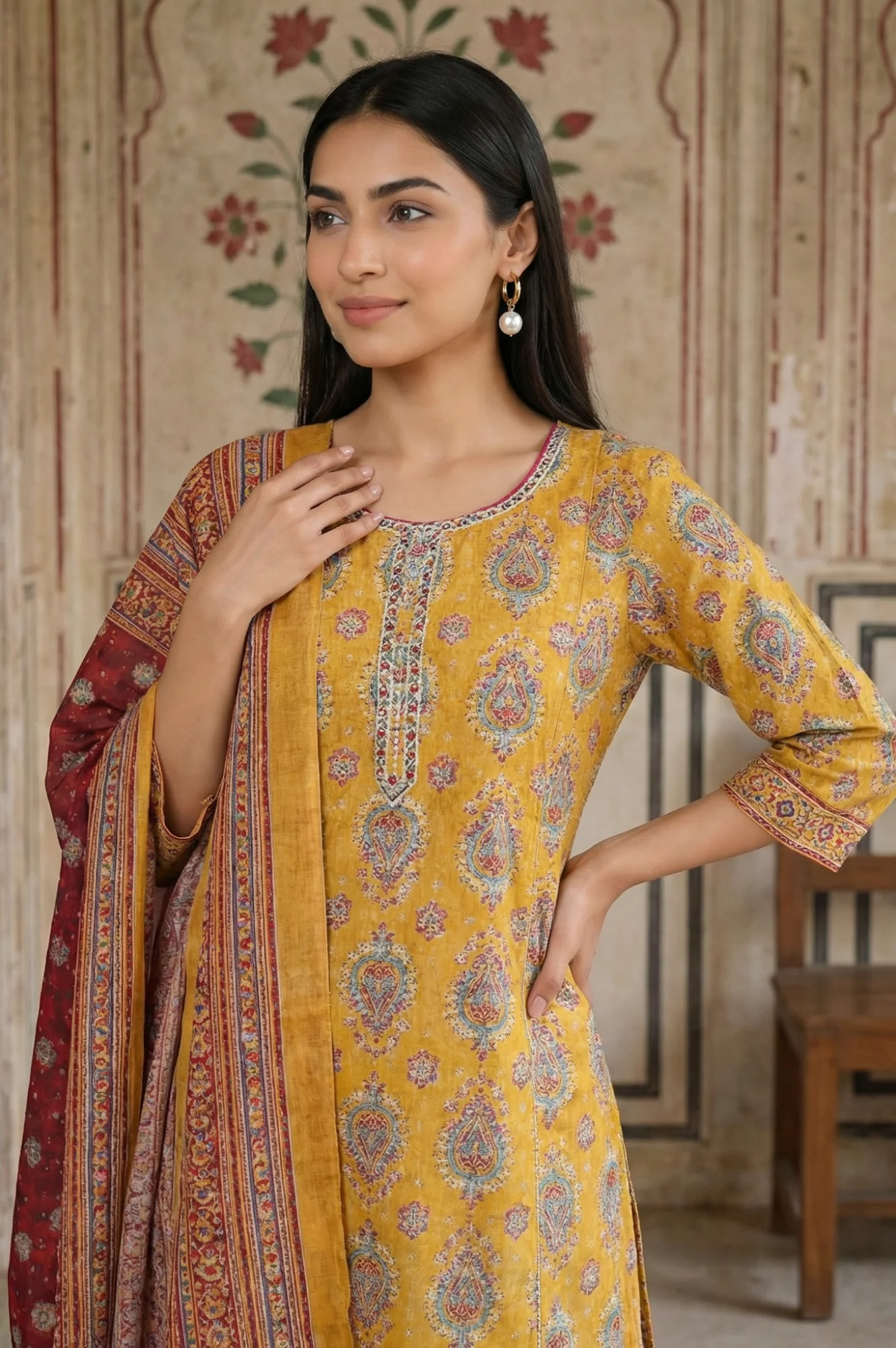 Mustard Thread Embroidered Paisley Pure Cotton Straight Kurta With Trousers and Dupatta Set - Image 2