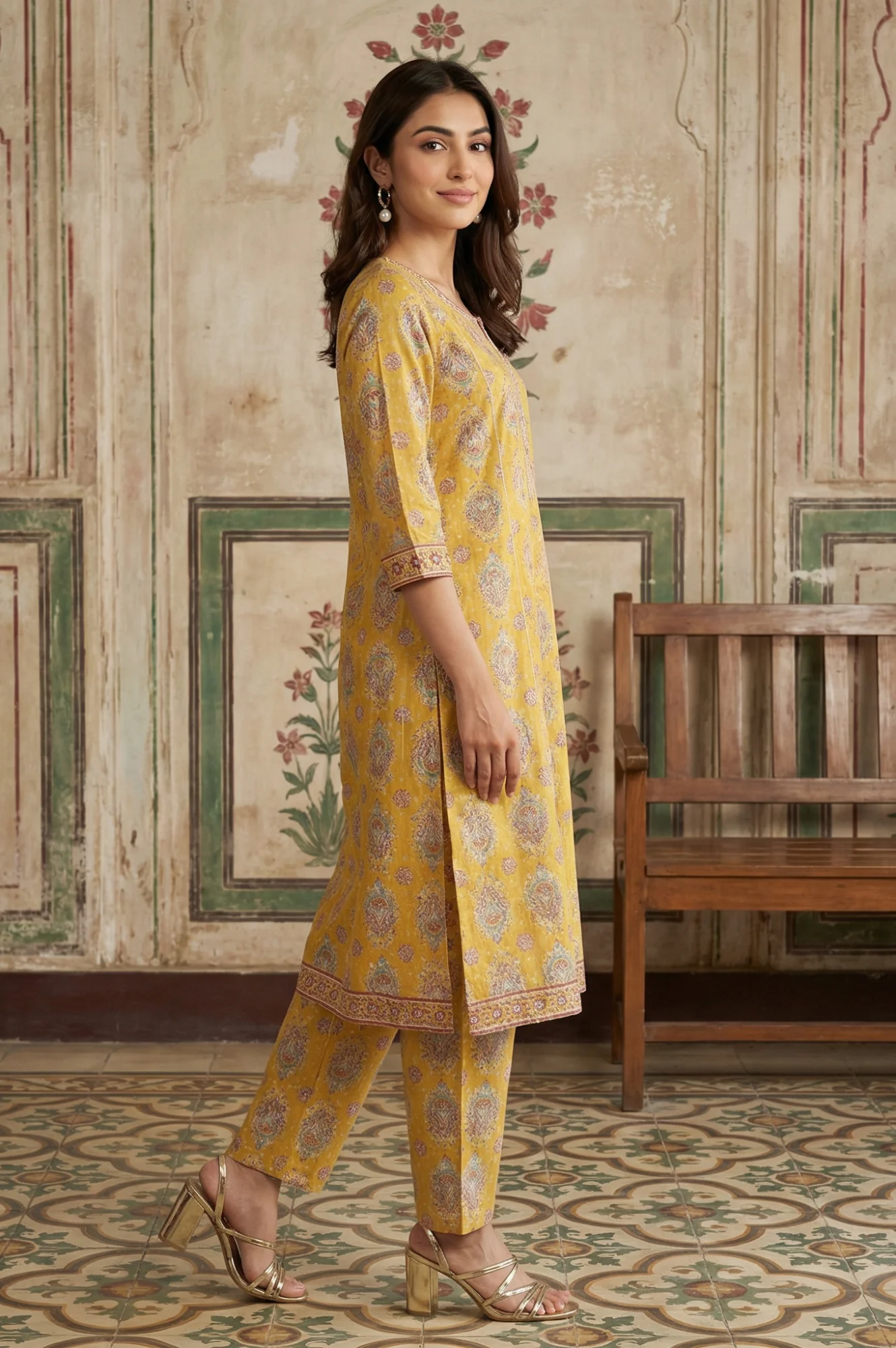 Mustard Thread Embroidered Paisley Pure Cotton Straight Kurta With Trousers and Dupatta Set - Image 5
