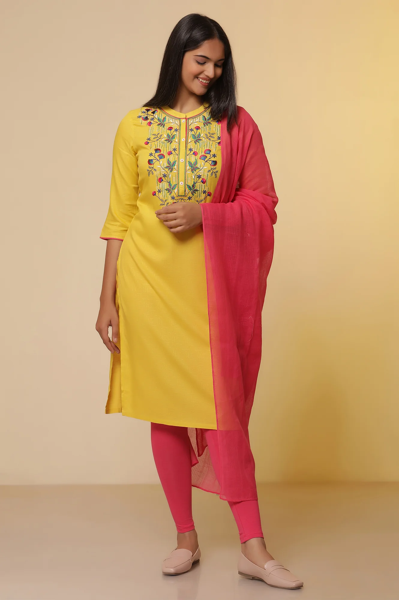 Mustard Yellow Embroidered Kurta, Tights with Dupatta Set - Image 2