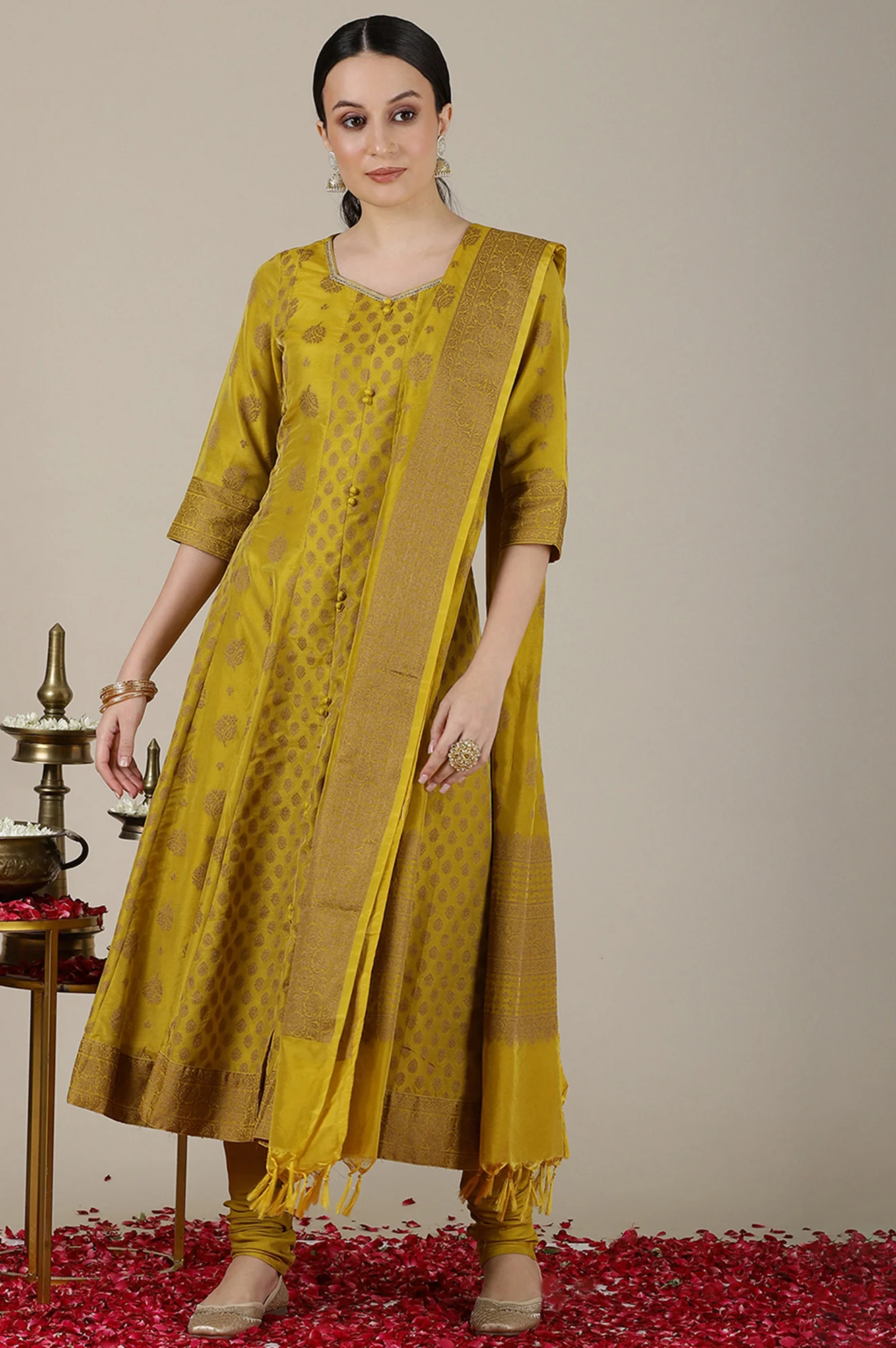 Mustard Yellow Yarn Dyed Cotton Blend Embroidered Anarkali Kurta, Cotton Churidar and Jacquard Dupatta Set - Image 10