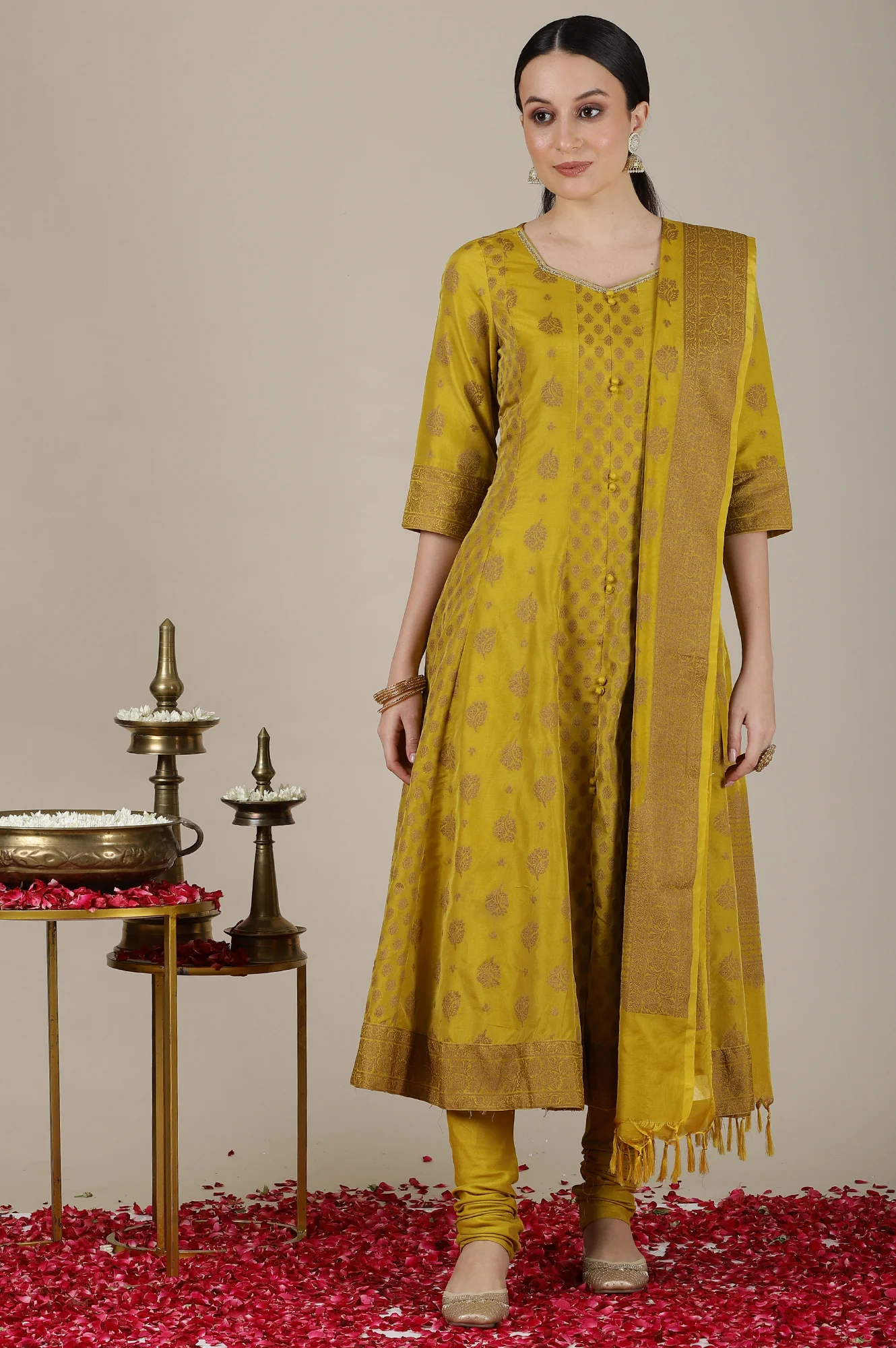 Mustard Yellow Yarn Dyed Cotton Blend Embroidered Anarkali Kurta, Cotton Churidar and Jacquard Dupatta Set - Image 3