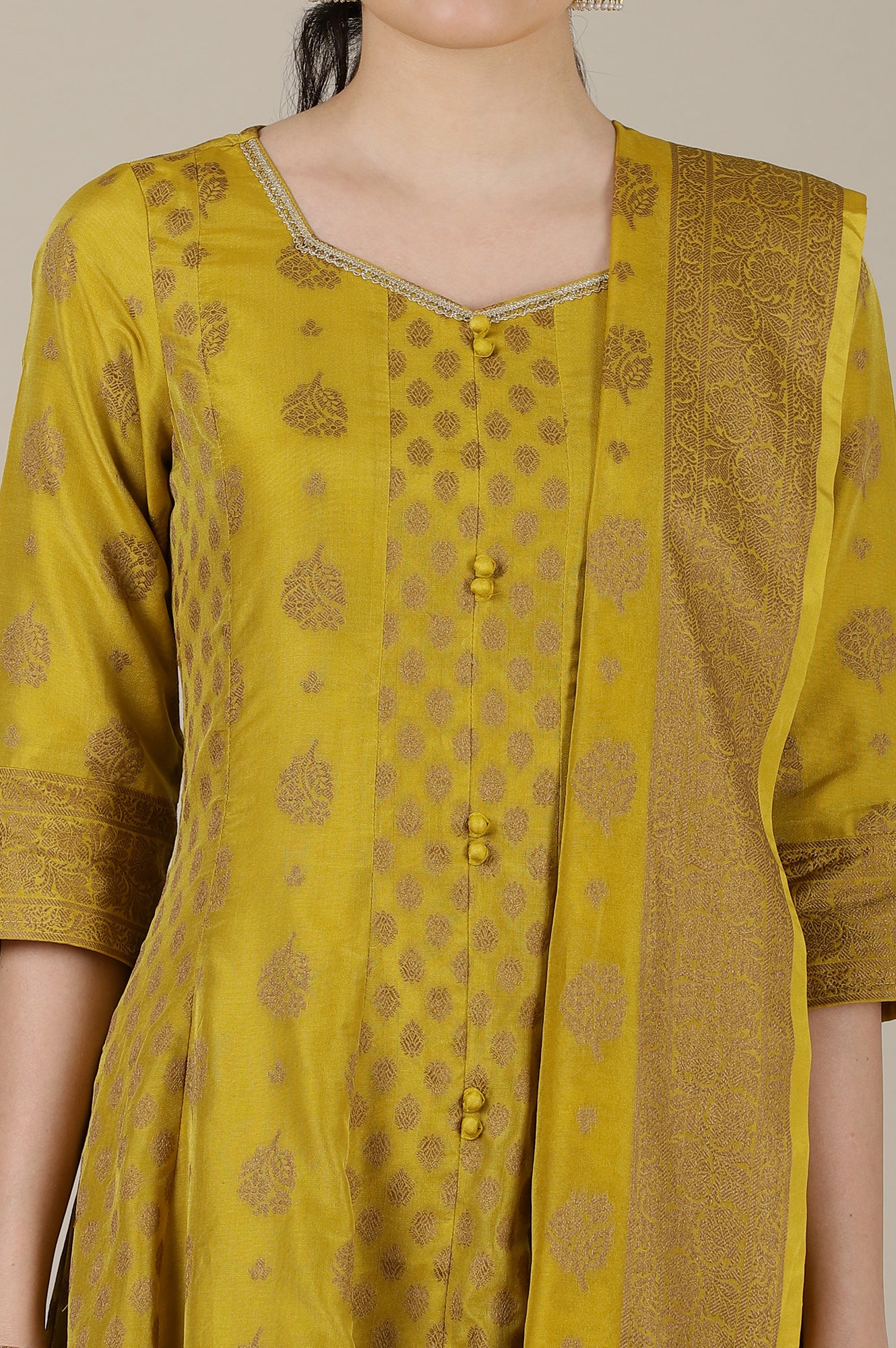 Mustard Yellow Yarn Dyed Cotton Blend Embroidered Anarkali Kurta, Cotton Churidar and Jacquard Dupatta Set - Image 4
