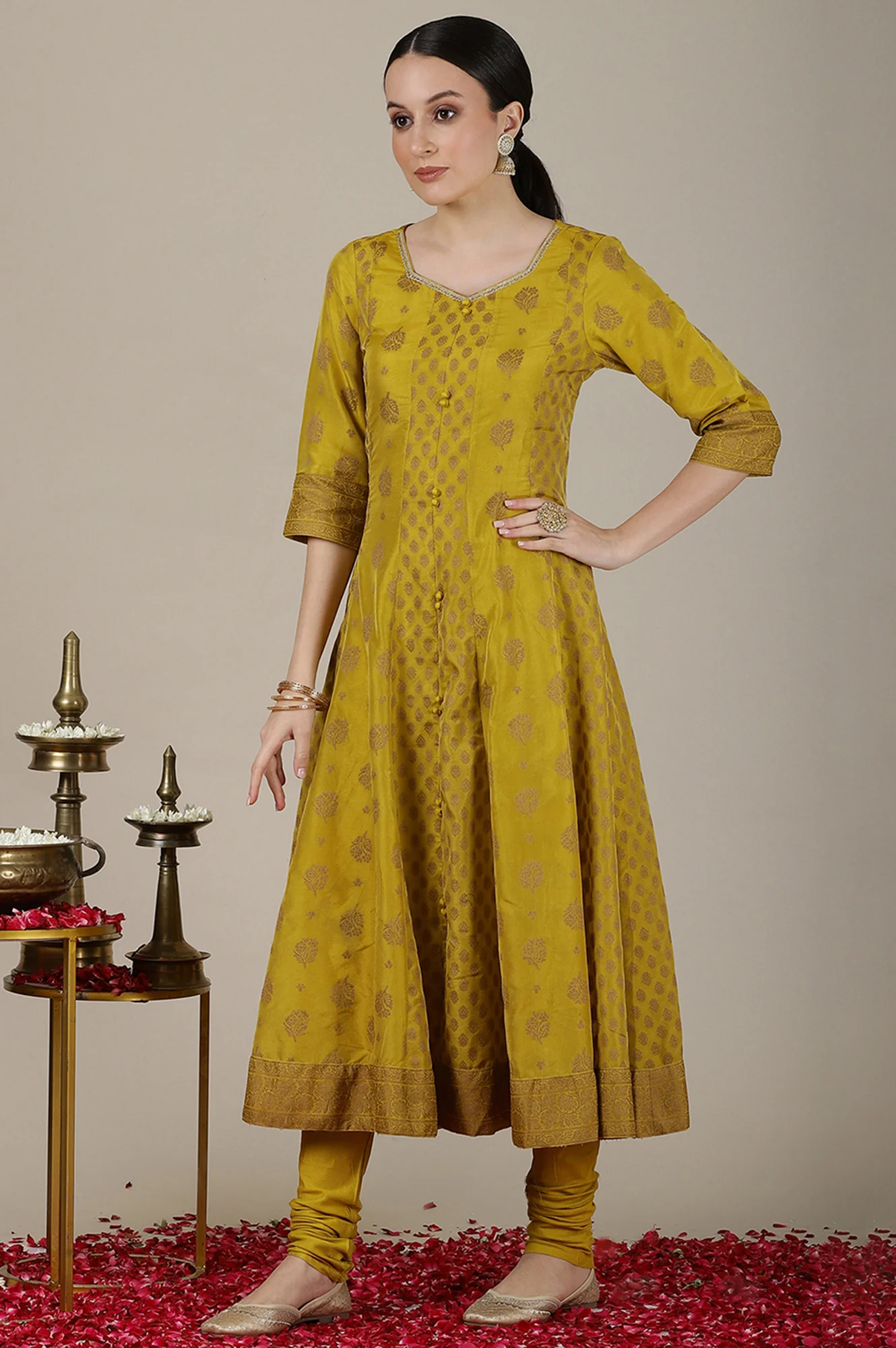 Mustard Yellow Yarn Dyed Cotton Blend Embroidered Anarkali Kurta, Cotton Churidar and Jacquard Dupatta Set - Image 5