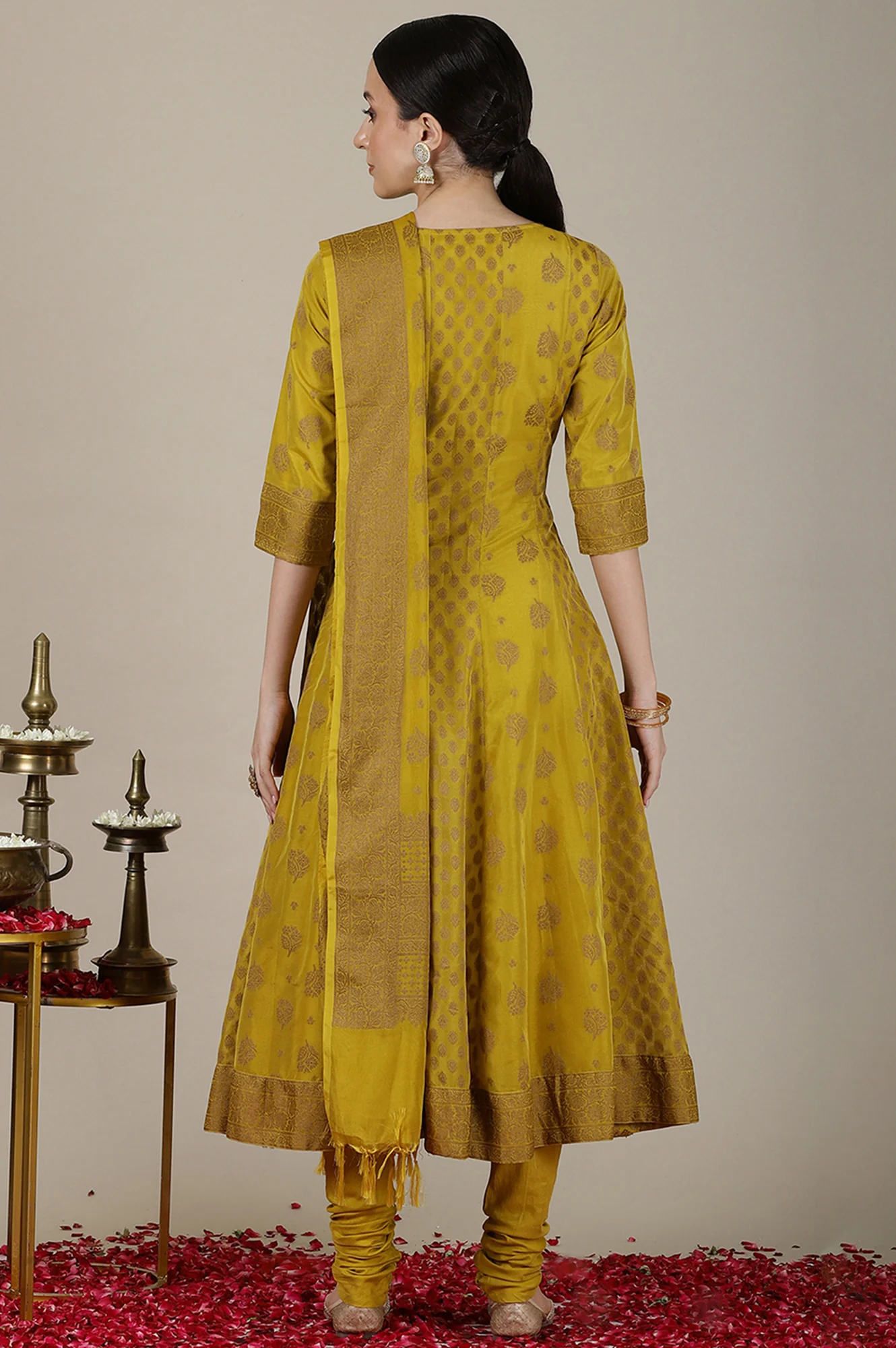 Mustard Yellow Yarn Dyed Cotton Blend Embroidered Anarkali Kurta, Cotton Churidar and Jacquard Dupatta Set - Image 6
