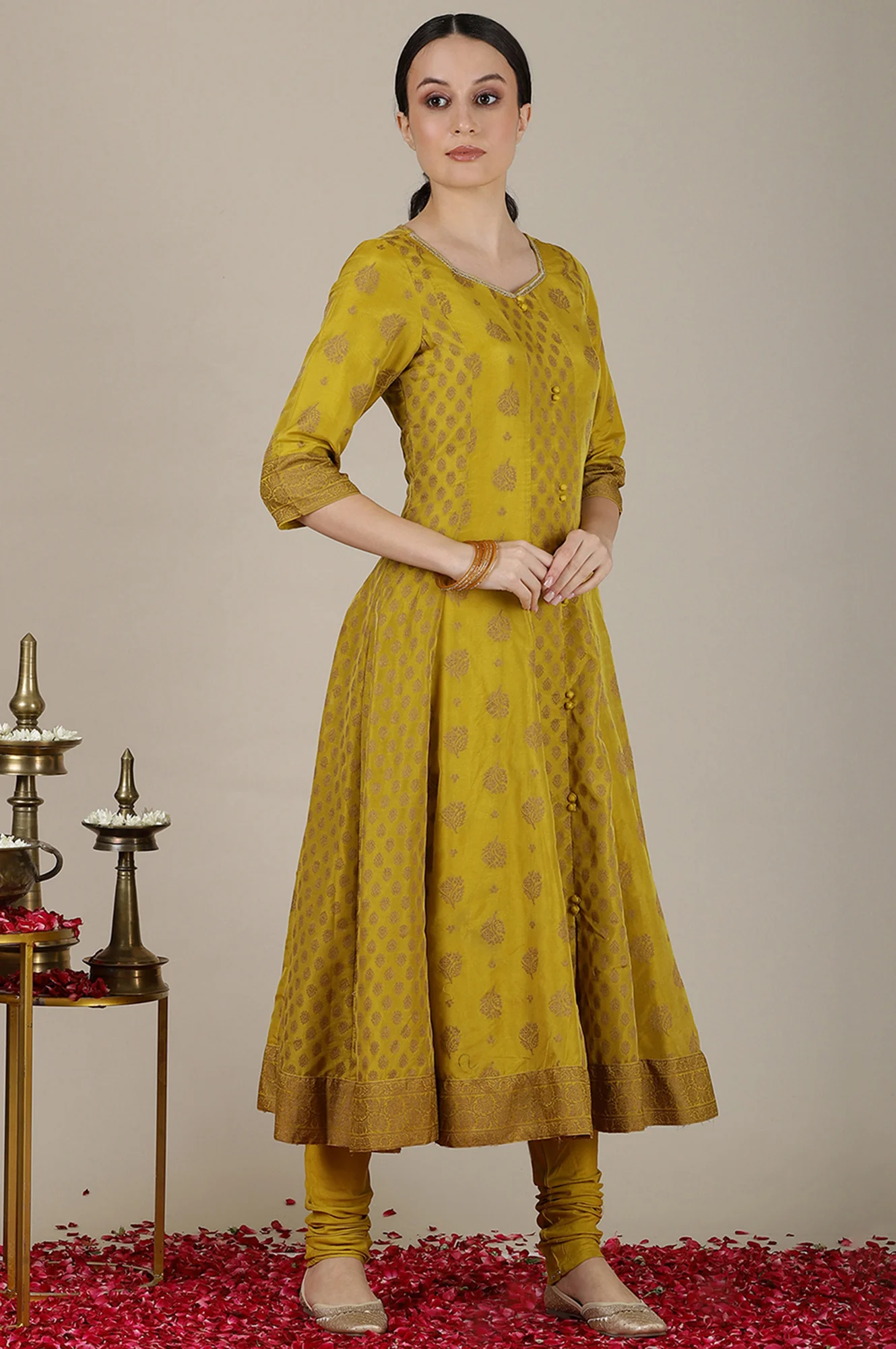 Mustard Yellow Yarn Dyed Cotton Blend Embroidered Anarkali Kurta, Cotton Churidar and Jacquard Dupatta Set - Image 7