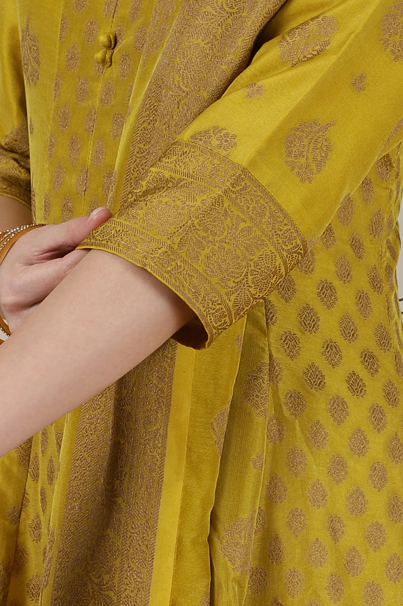 Mustard Yellow Yarn Dyed Cotton Blend Embroidered Anarkali Kurta, Cotton Churidar and Jacquard Dupatta Set - Image 8