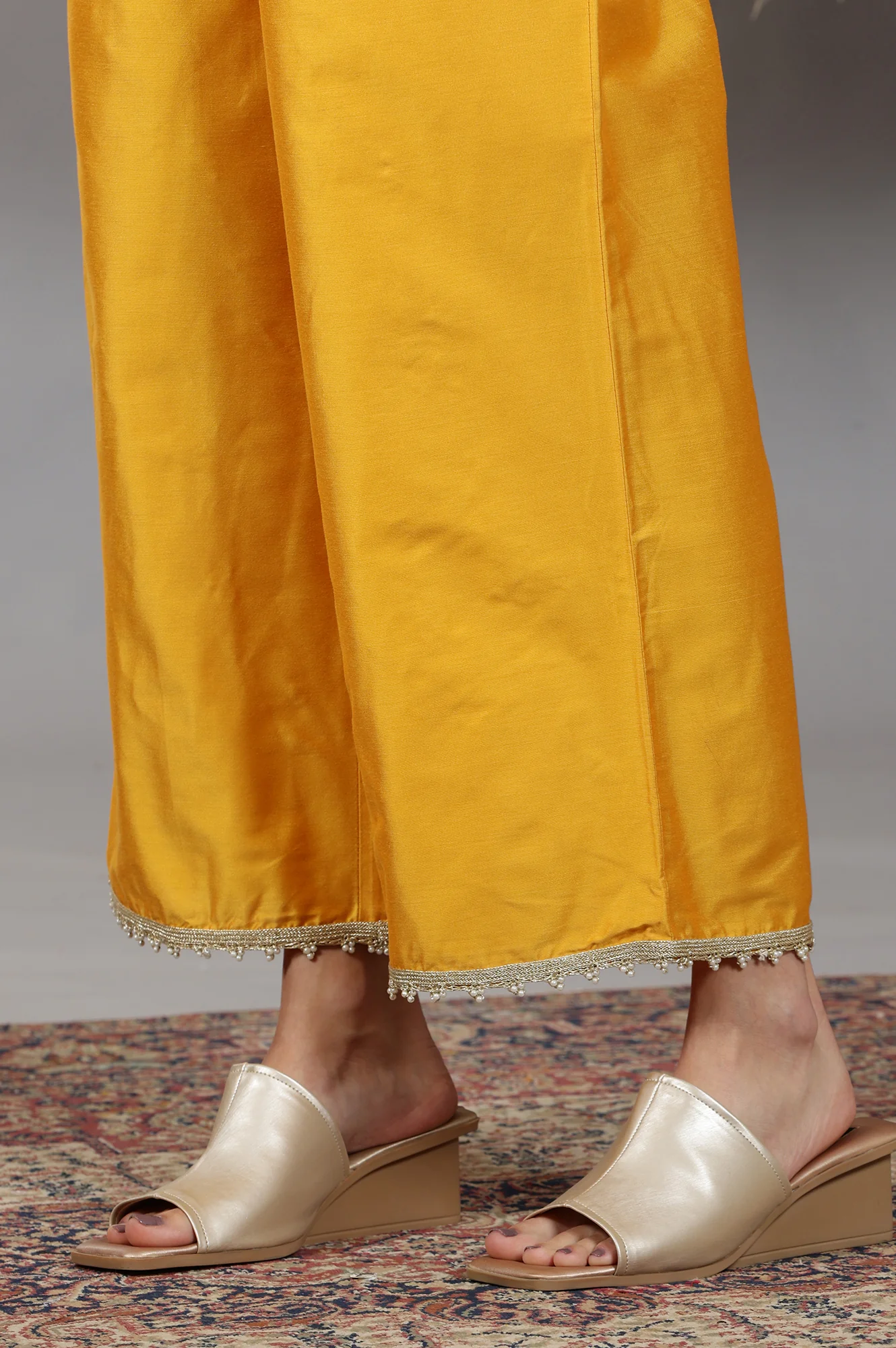Mustard Yellow Yarn Dyed Dori Embroidered Anarkali Kurta, Palazzo and Dupatta Set - Image 11