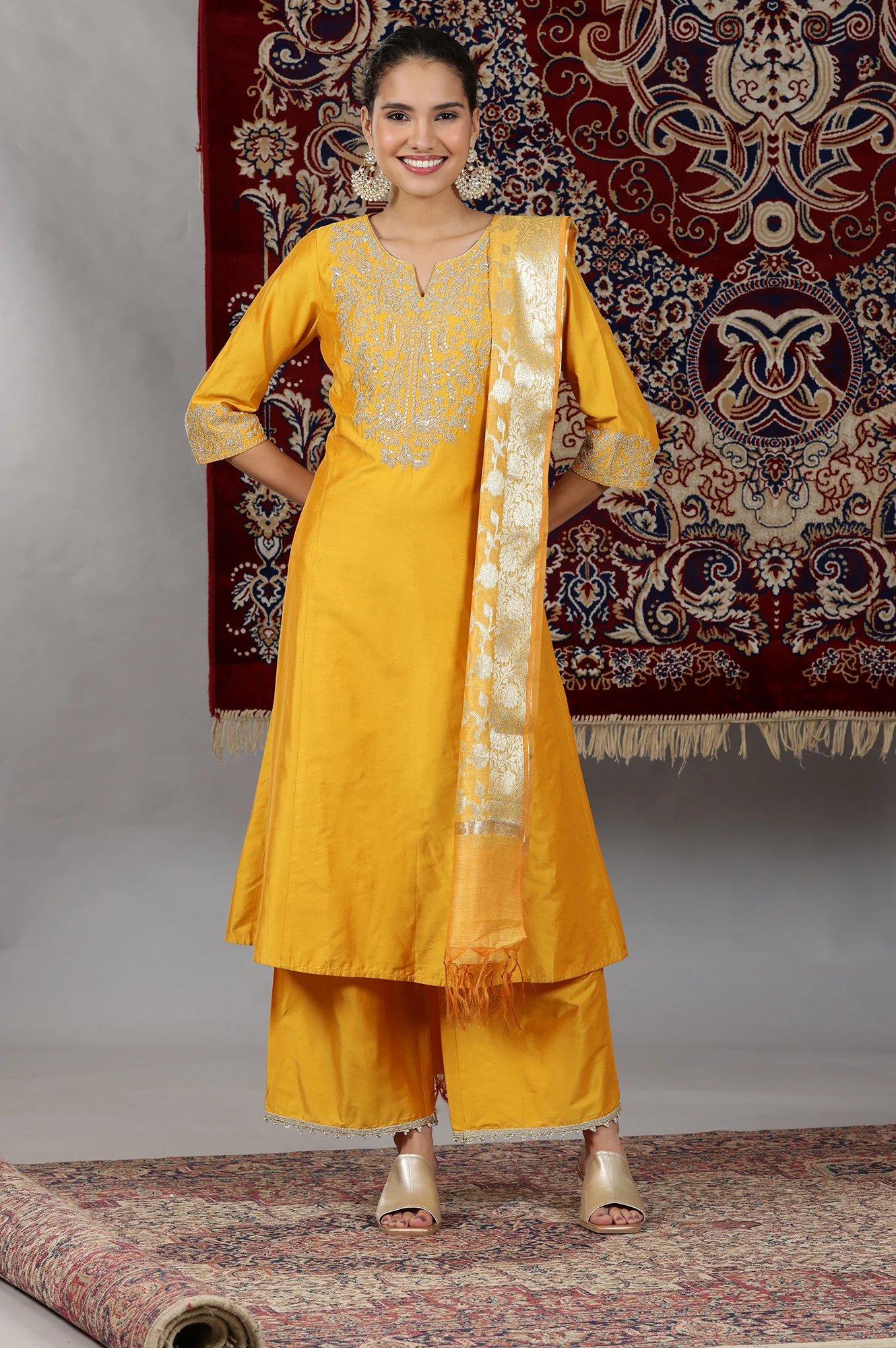Mustard Yellow Yarn Dyed Dori Embroidered Anarkali Kurta, Palazzo and Dupatta Set - Image 3