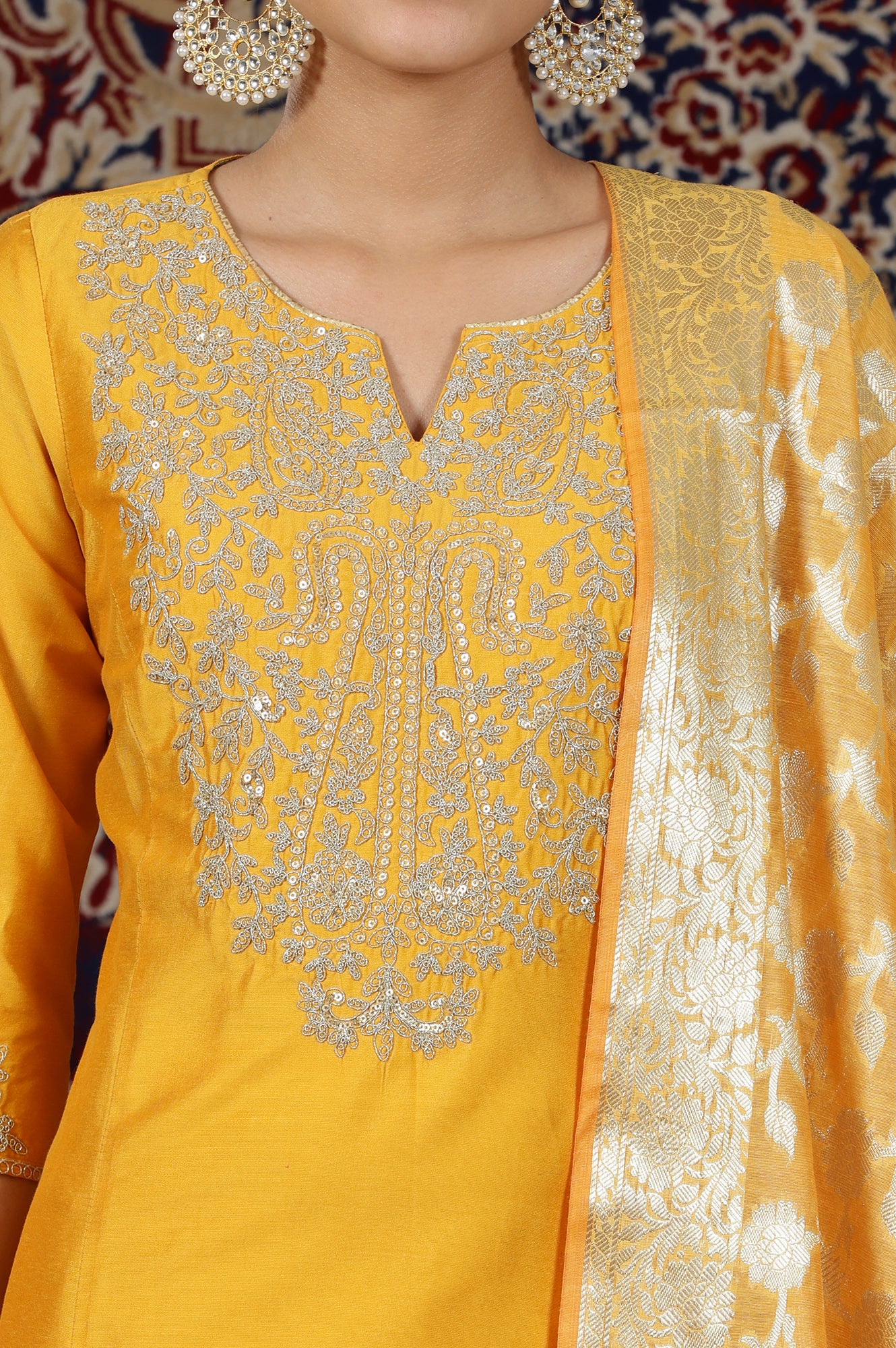 Mustard Yellow Yarn Dyed Dori Embroidered Anarkali Kurta, Palazzo and Dupatta Set - Image 4