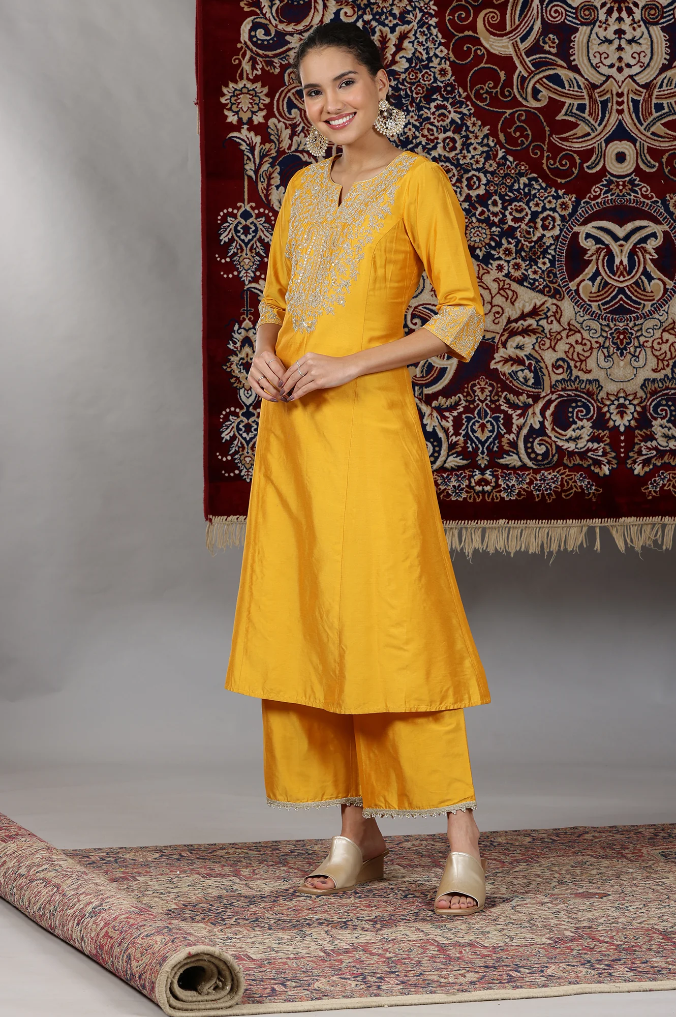 Mustard Yellow Yarn Dyed Dori Embroidered Anarkali Kurta, Palazzo and Dupatta Set - Image 5