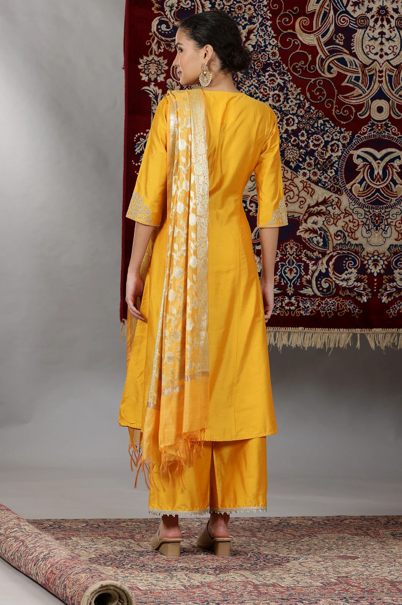 Mustard Yellow Yarn Dyed Dori Embroidered Anarkali Kurta, Palazzo and Dupatta Set - Image 6