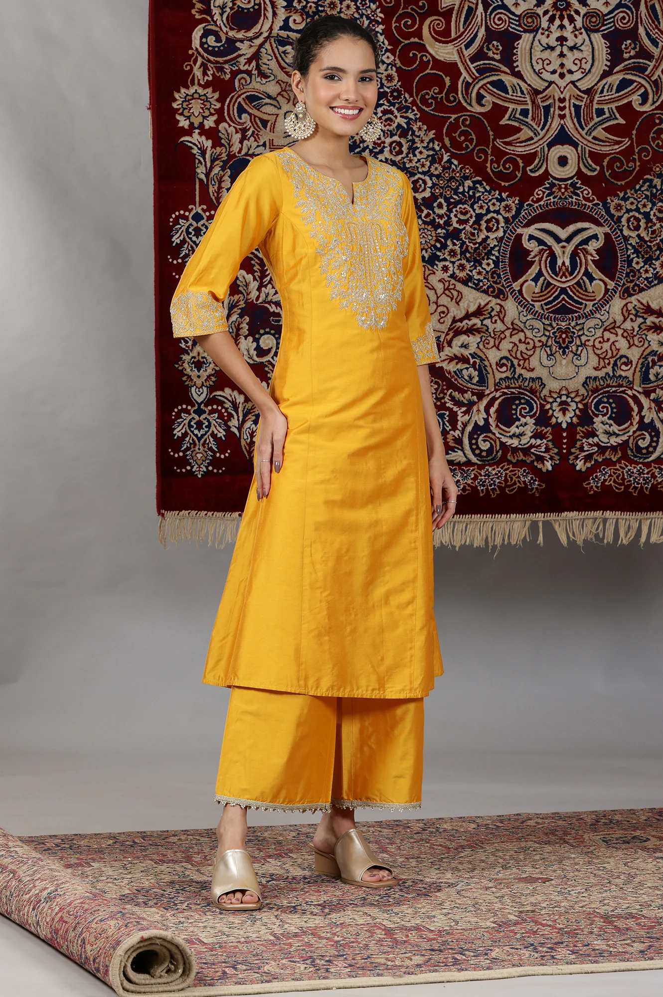 Mustard Yellow Yarn Dyed Dori Embroidered Anarkali Kurta, Palazzo and Dupatta Set - Image 7