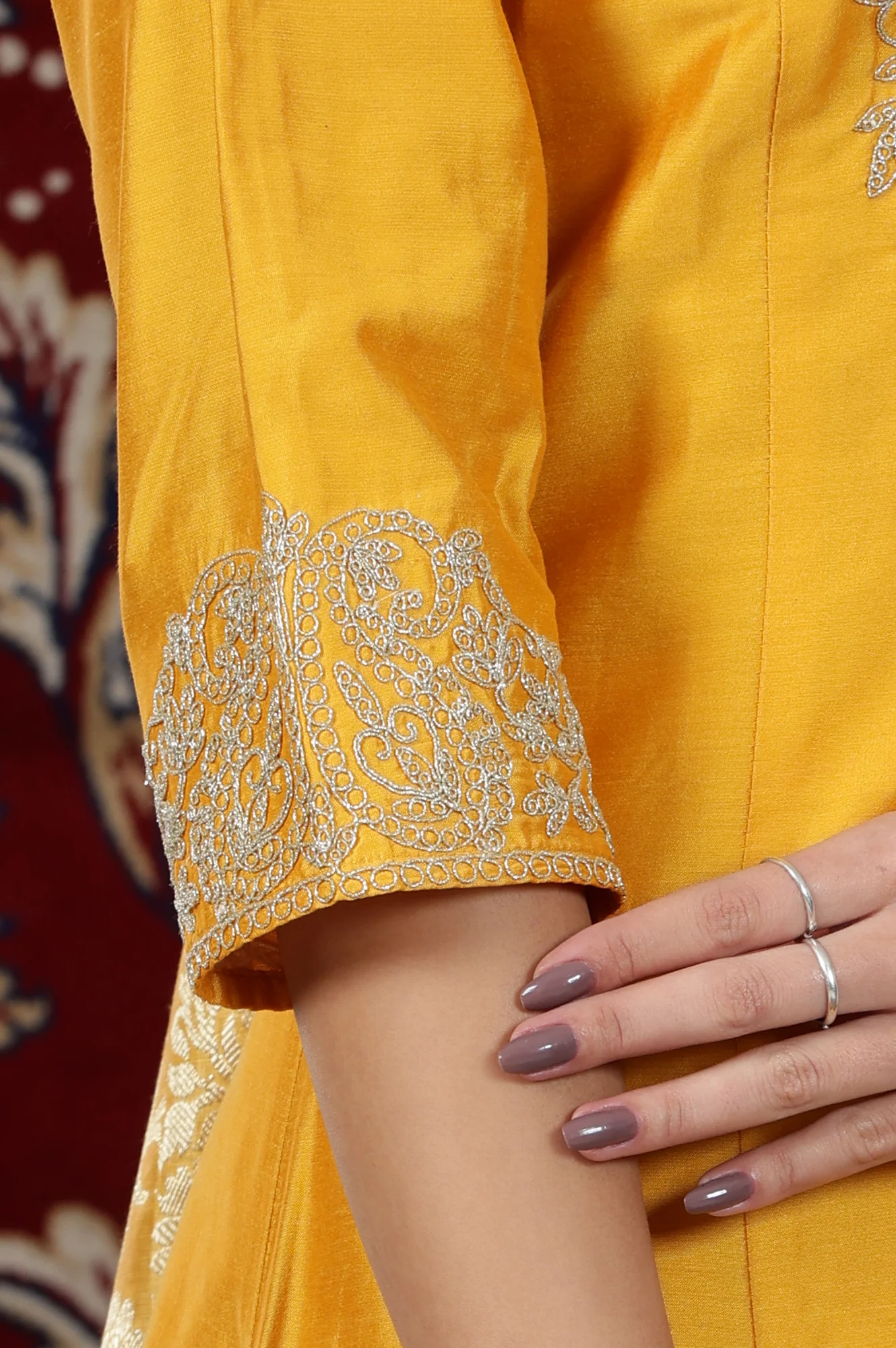 Mustard Yellow Yarn Dyed Dori Embroidered Anarkali Kurta, Palazzo and Dupatta Set - Image 8