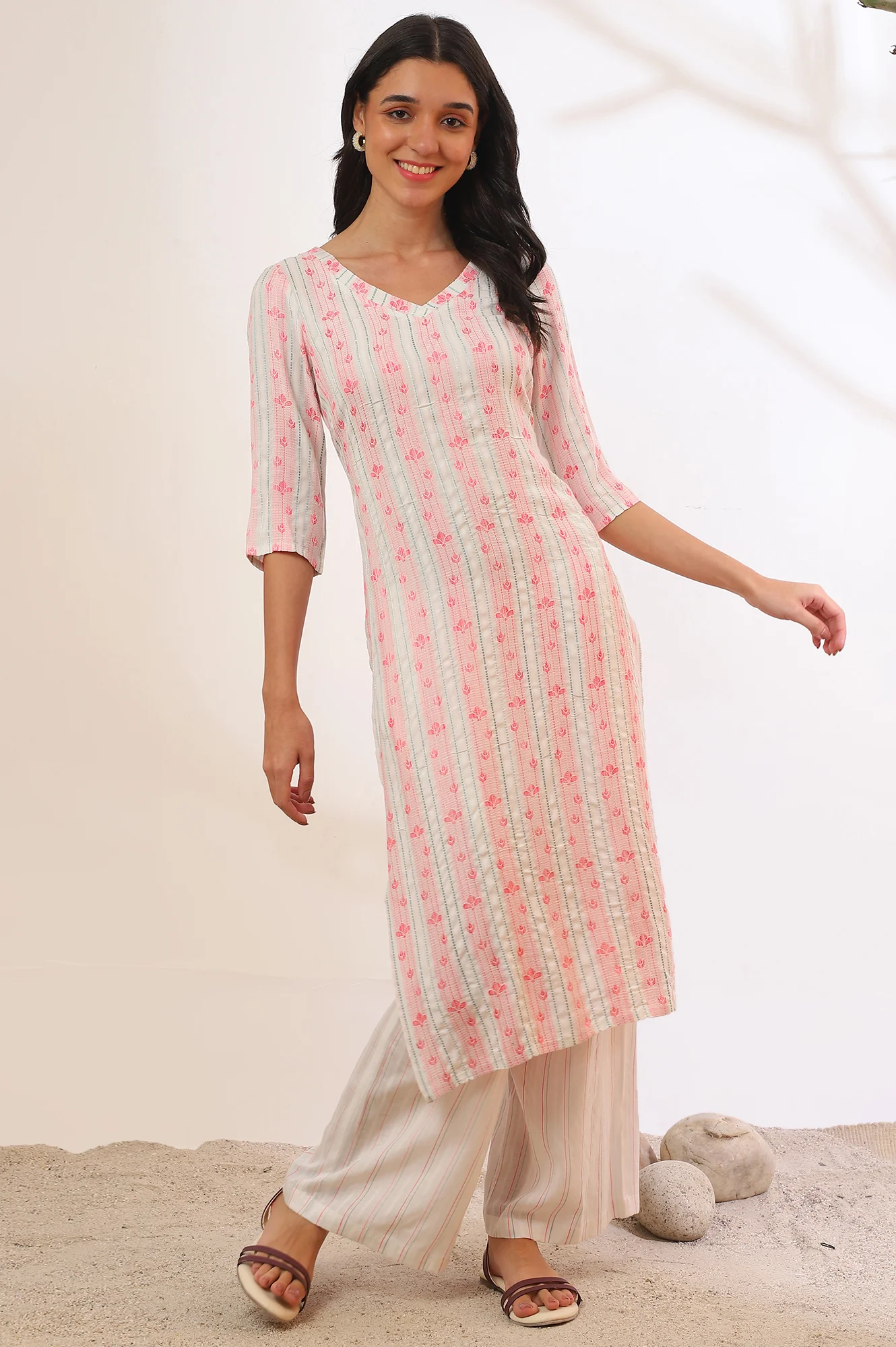 Beige Printed Cotton Blend Straight Kurta & Trousers Set - Image 2