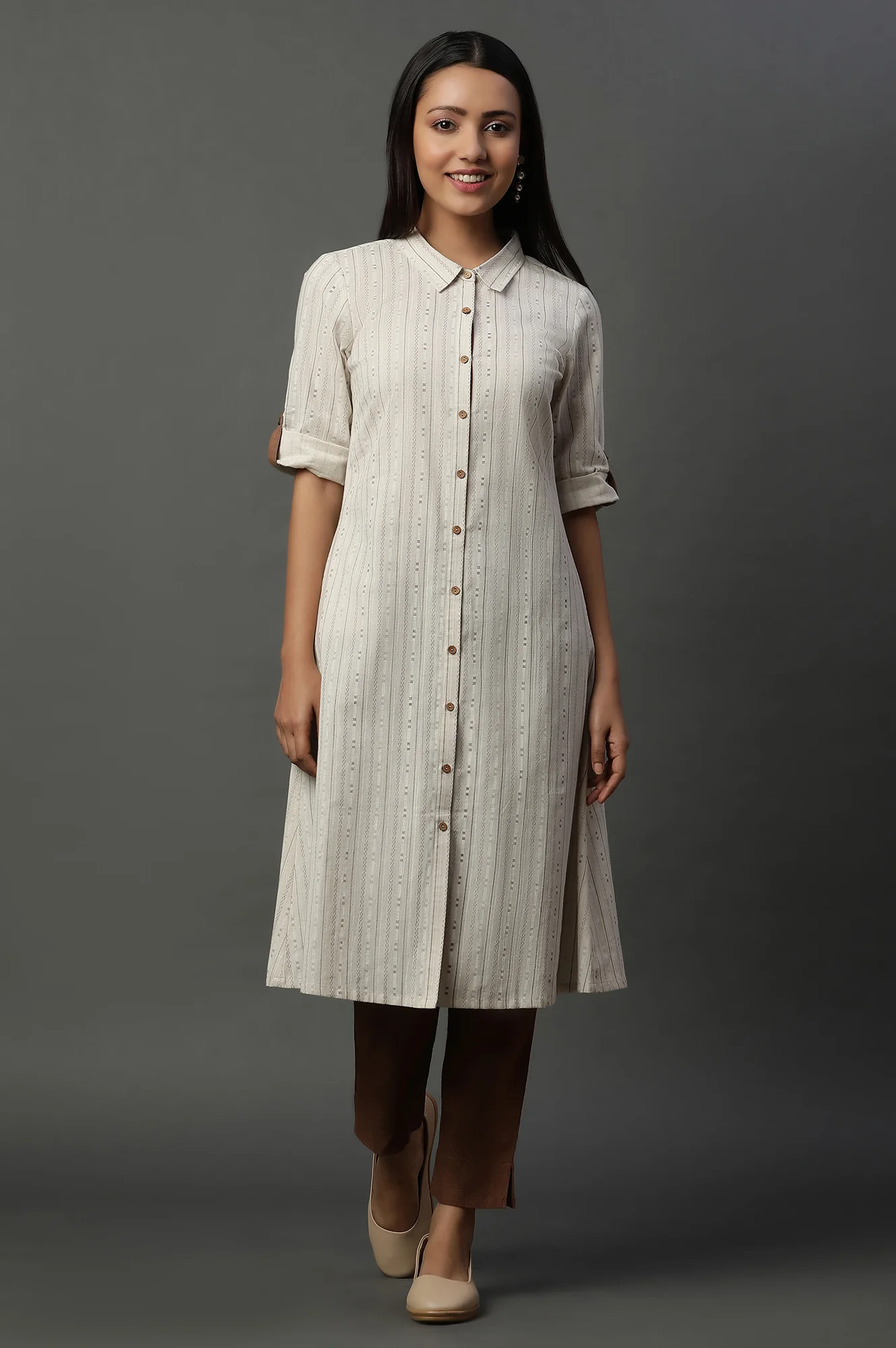 Natural Striped Cotton Flax A-line Dress - Image 3