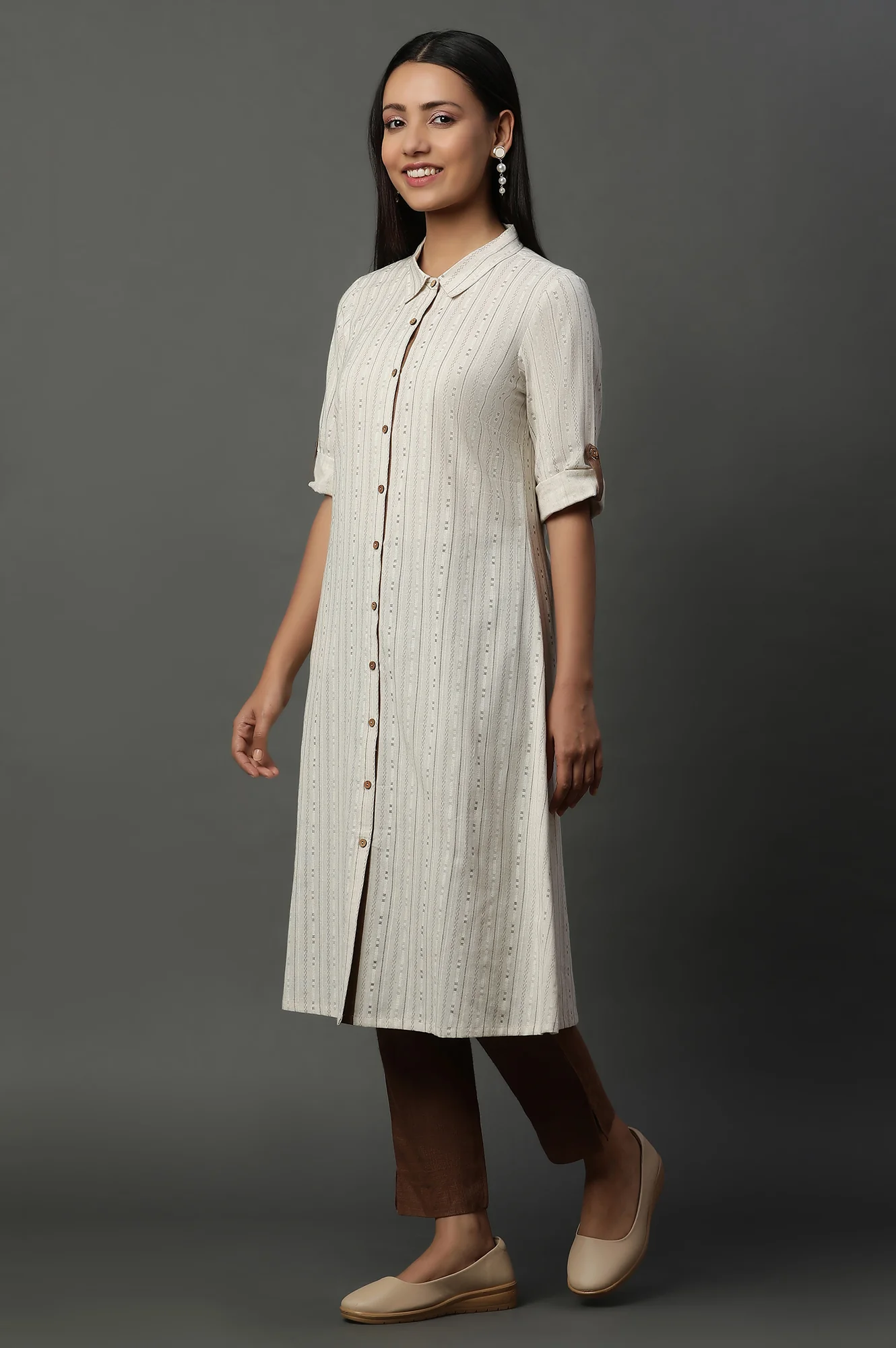 Natural Striped Cotton Flax A-line Dress - Image 4