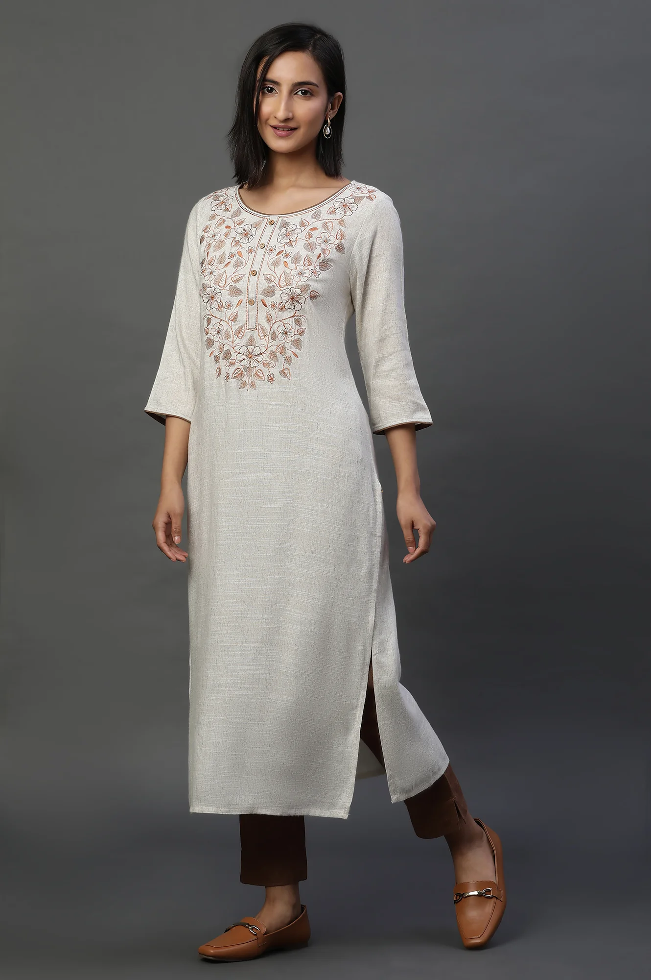 Natural Yarn Dyed Embroidered Kurta - Image 3