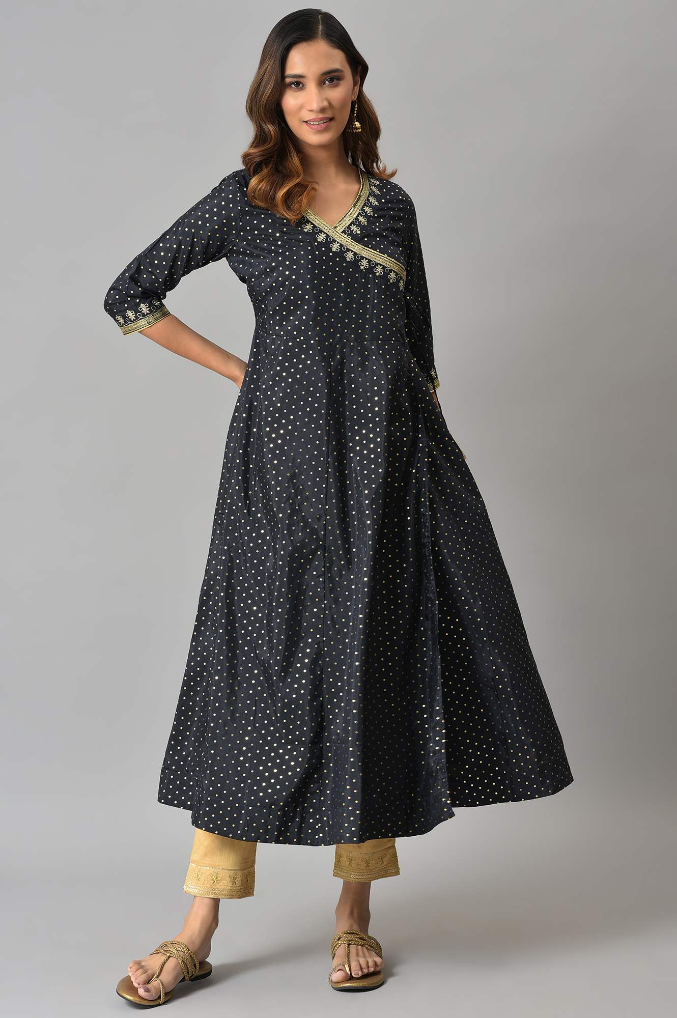 Navy A-line Printed Angrakha kurta - Image 5