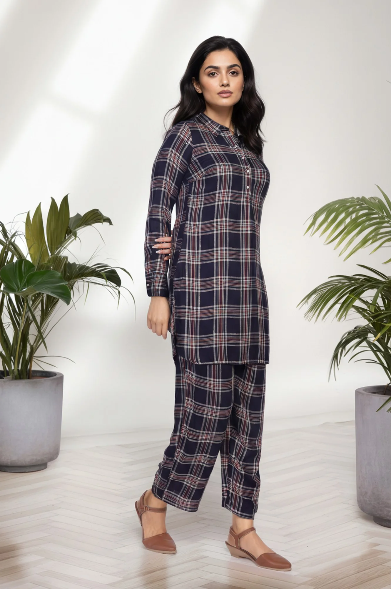 Navy Blue Checkered Straight Rayon Kurta with Palazzo Co-ord Set - Image 4
