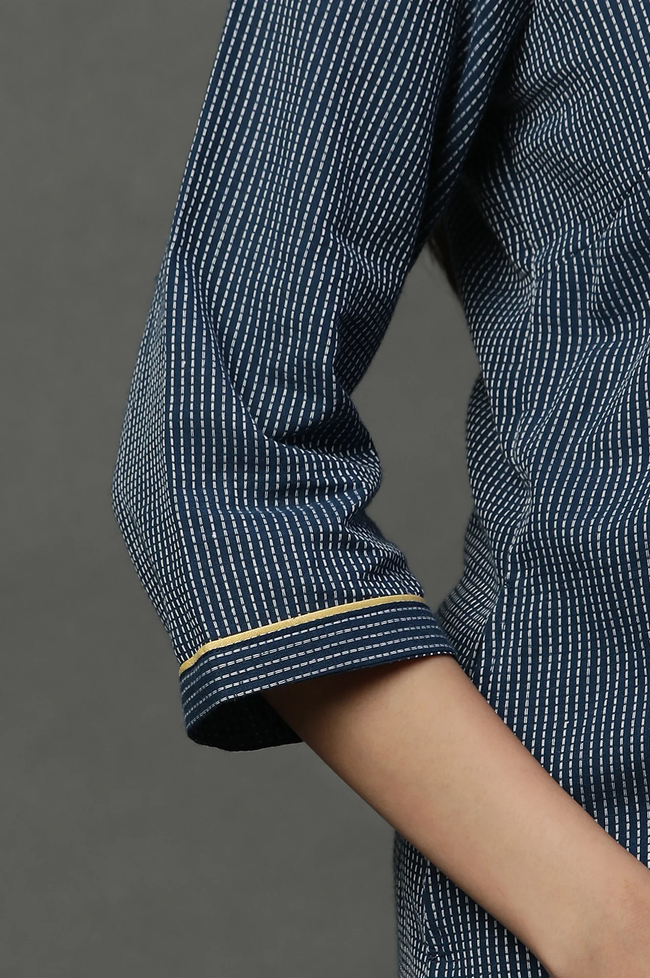 Navy Blue Cotton Dobby Kurta, Trousers and Dupatta Set - Image 7
