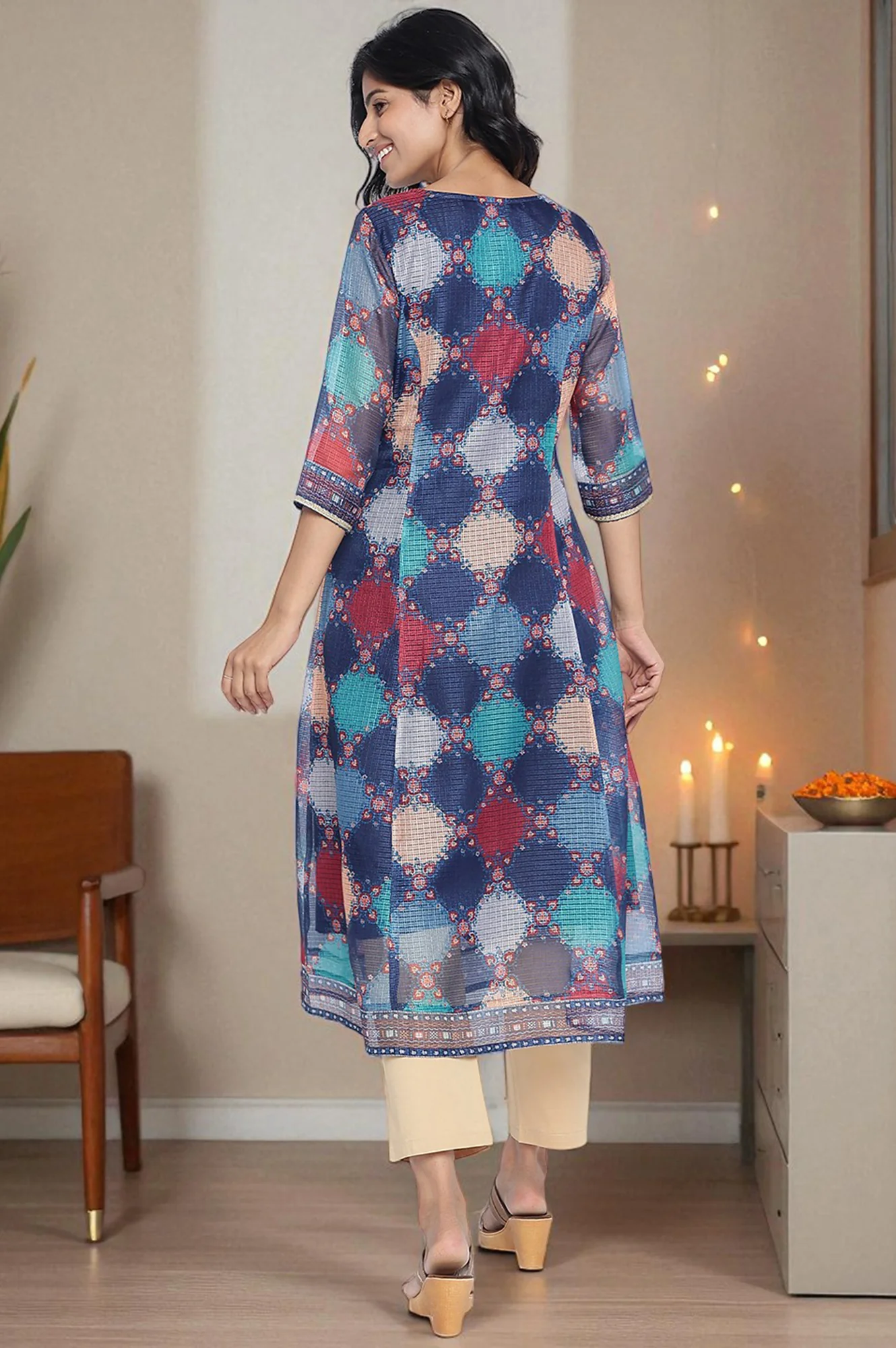 Navy Blue Digital Printed Zari Kota Flared Kurta - Image 4