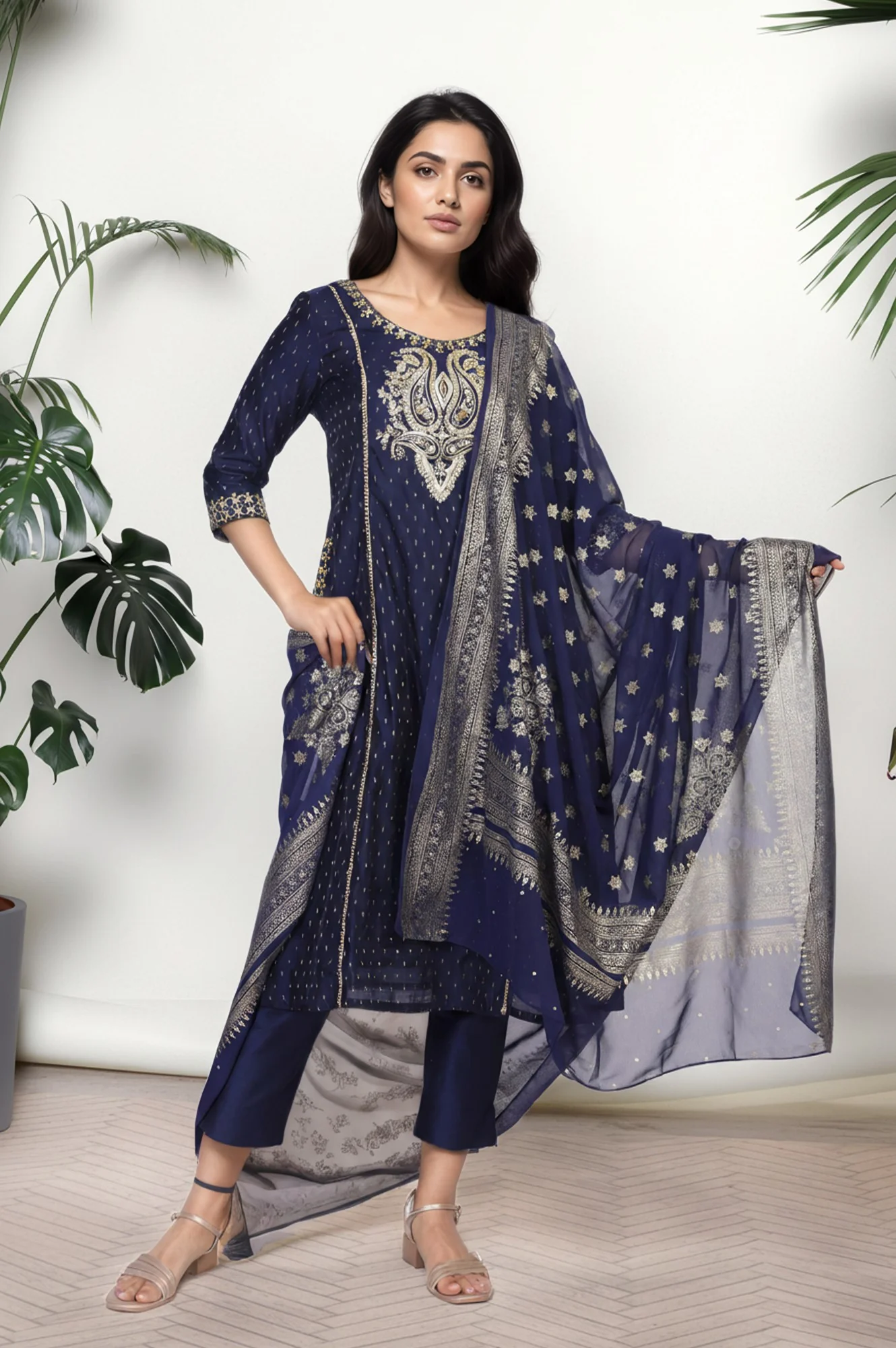 Navy Blue Ethnic Motifs Printed Chiffon Dupatta - Image 4