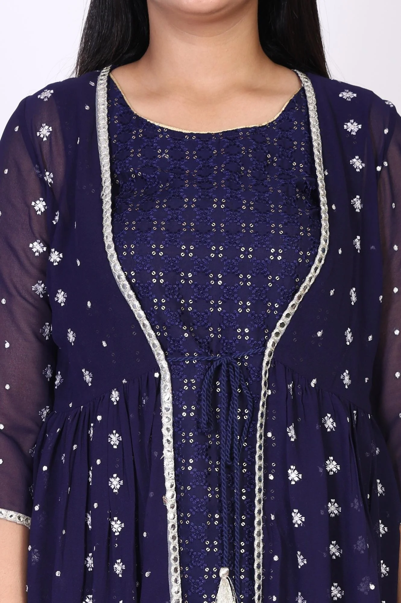 Navy Blue Floral Embroidered Flared Cotton Kurta with Palazzo and Gillet Set - Image 3