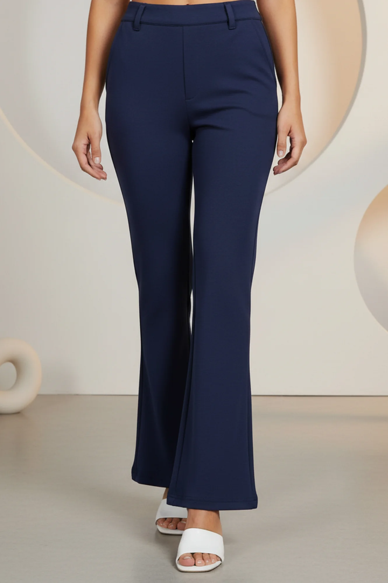 Navy Blue Solid Ankle Length Mid Rise Pants