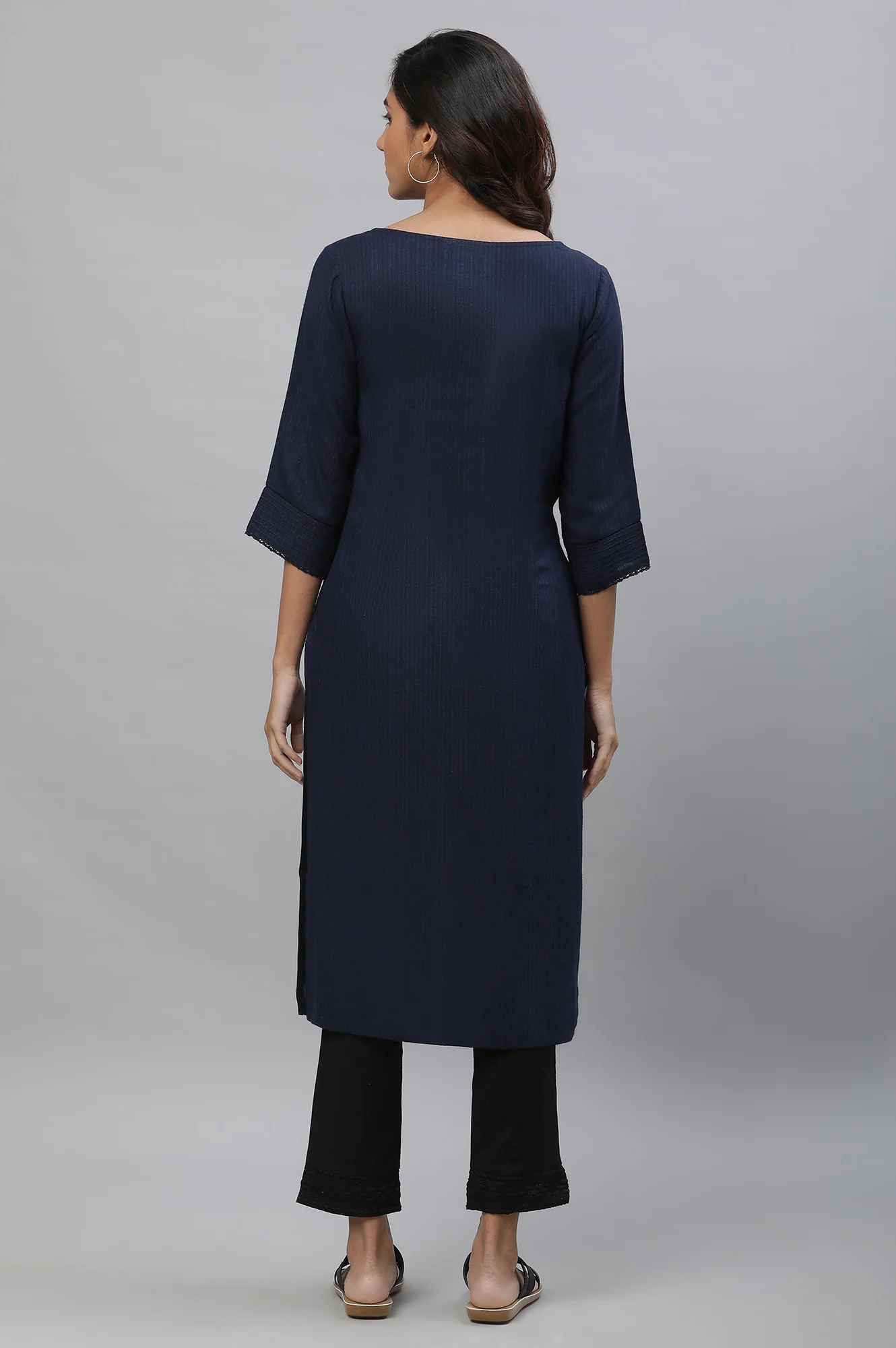 Navy Blue Solid Lace Trim Straight Rayon Kurta - Image 4