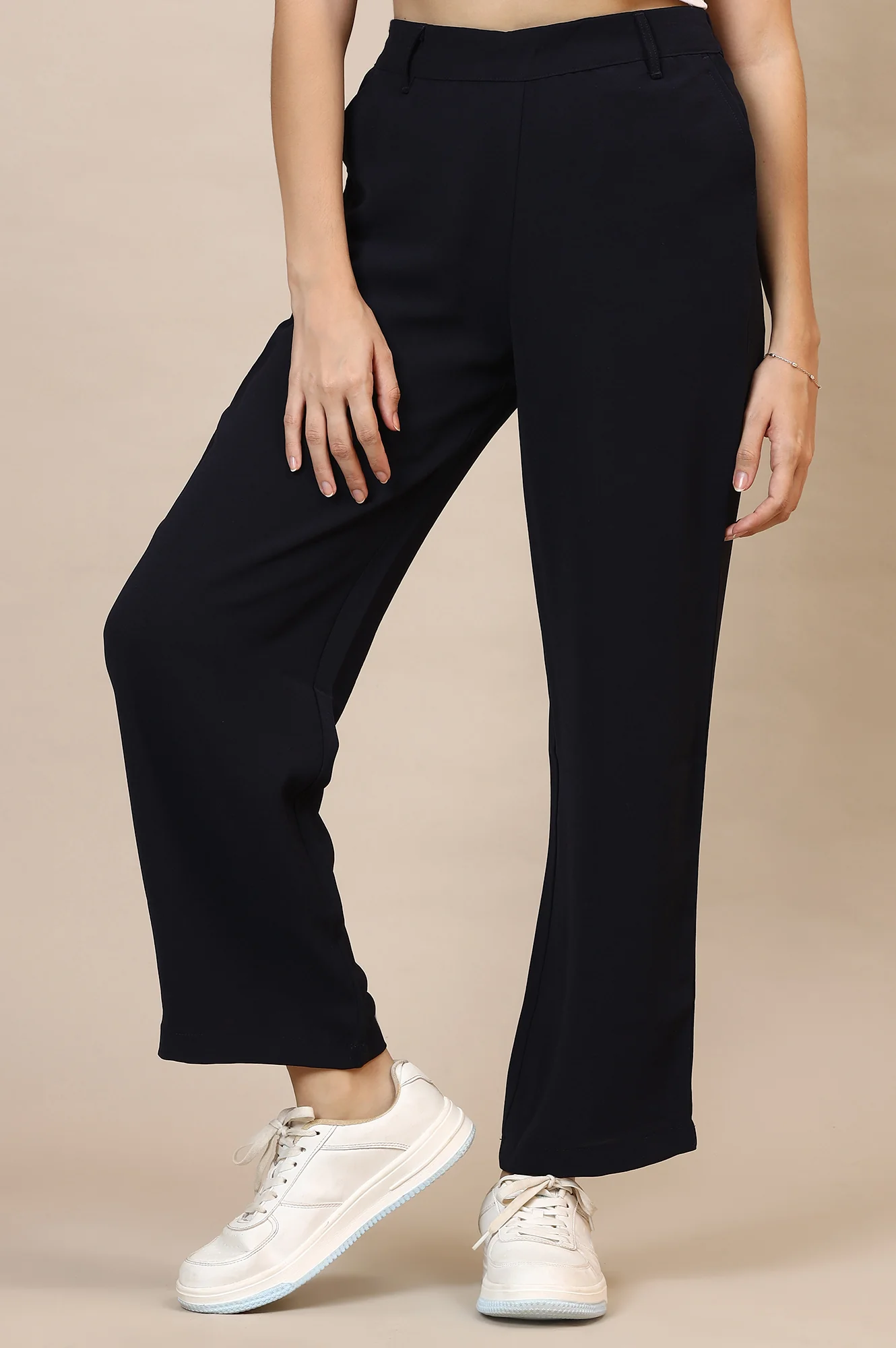 Navy Blue Solid Straight Western Wear Palazzo Pants - Image 2