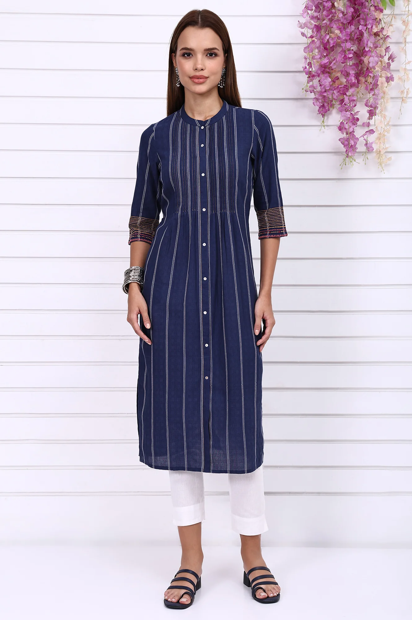 Navy Blue Striped Printed Thread Embroidered Cotton Straight Kurta - Image 2
