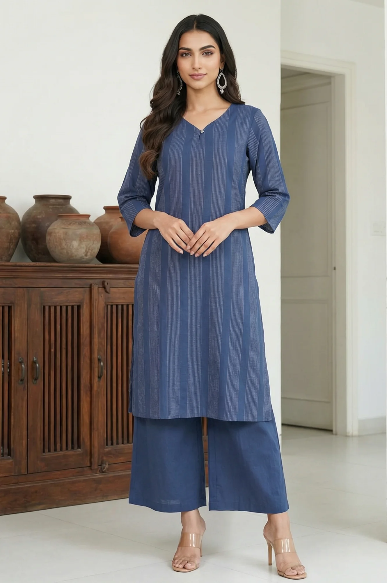Navy Blue Yarn Dyed Striped Cotton Blend Straight Kurta - Image 3