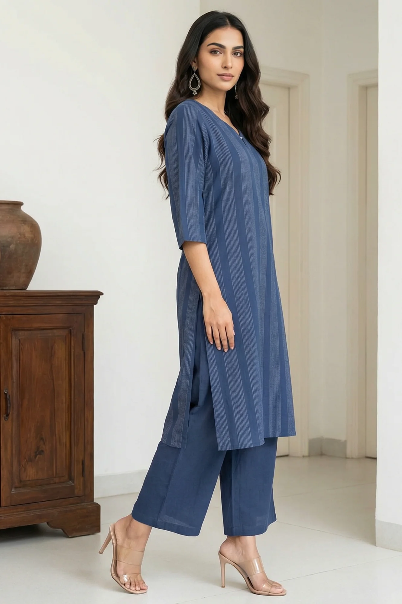 Navy Blue Yarn Dyed Striped Cotton Blend Straight Kurta - Image 6