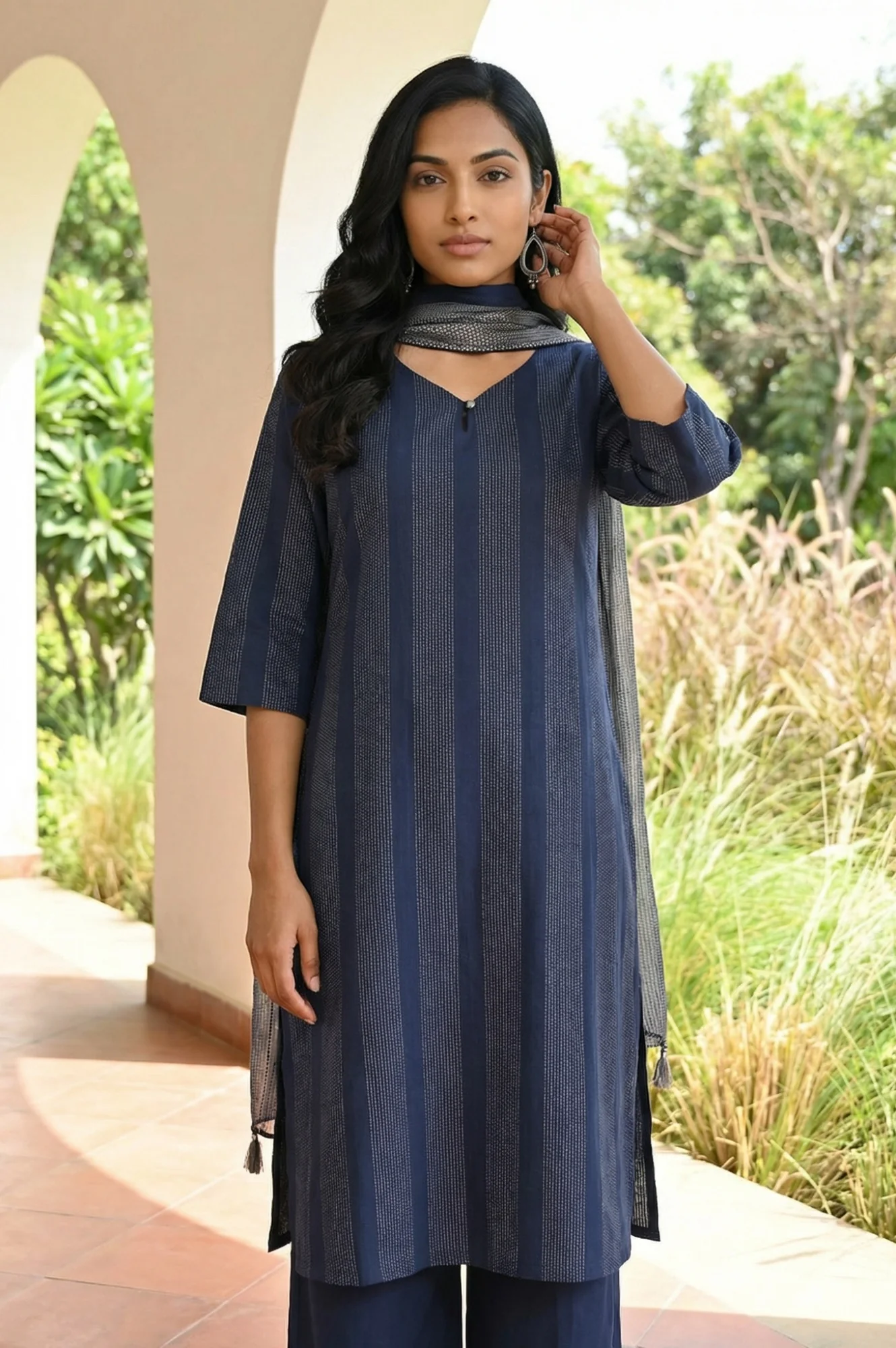 Navy Blue Yarn Dyed Striped Pure Cotton Stole - Image 6