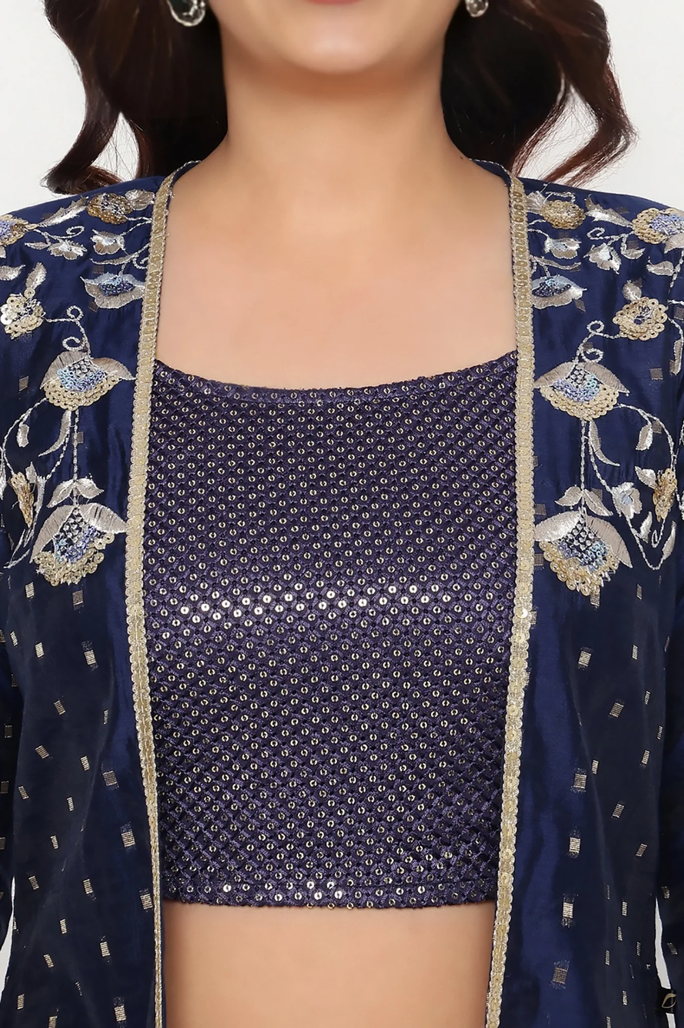 Navy Dyed Printed Sequins Georgette Straight Crop Top, Palazzo and Jacket Set - Image 3