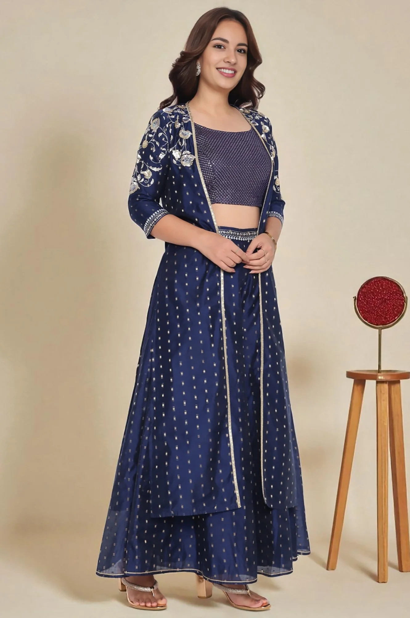 Navy Dyed Printed Sequins Georgette Straight Crop Top, Palazzo and Jacket Set - Image 4