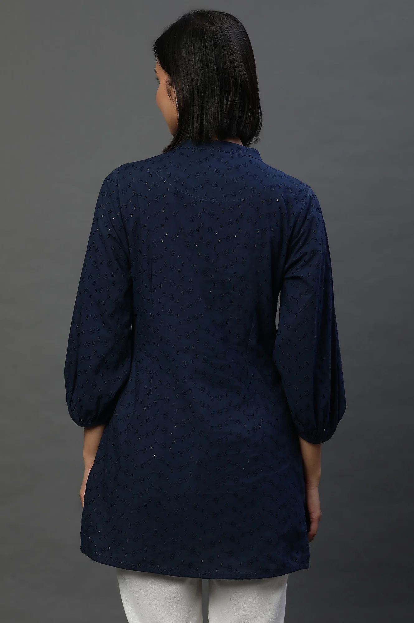 Navy Schiffli Short Kurti with Pintucks - Image 3