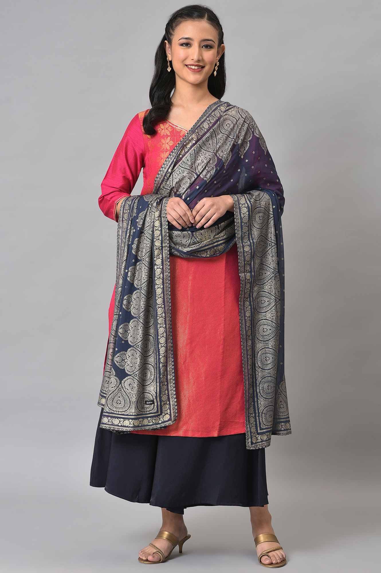 Navy Silver Chiffon Printed Dupatta - Image 3
