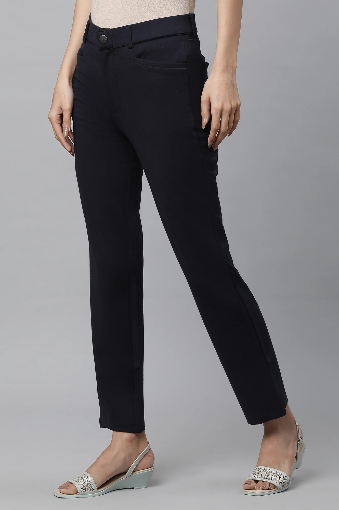 Navy Blue Solid Slim Fit Trousers With Elasticated Waist - Image 2