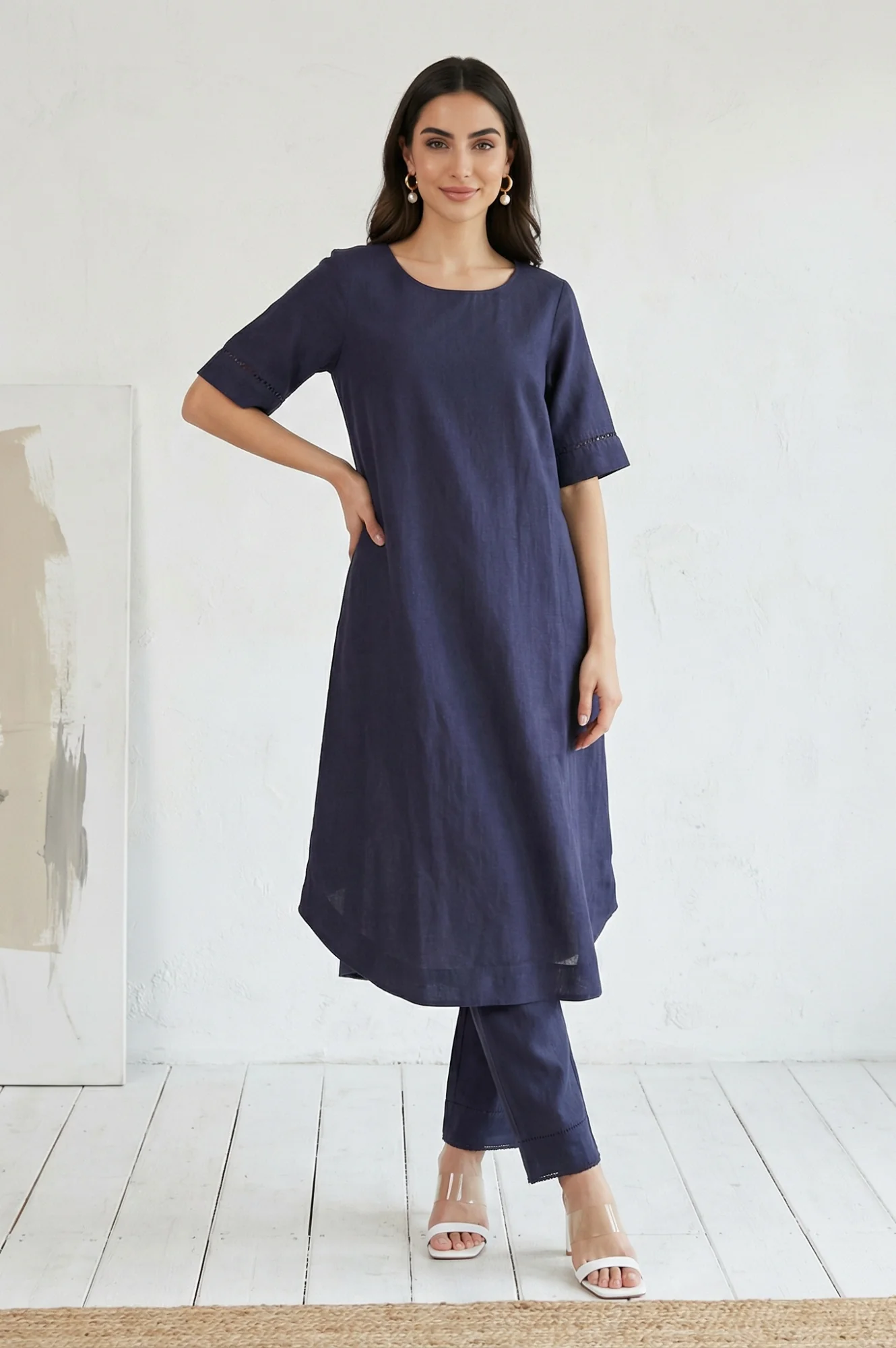 Navy Solid Pure Cotton Straight Fit Ankle Length Trousers