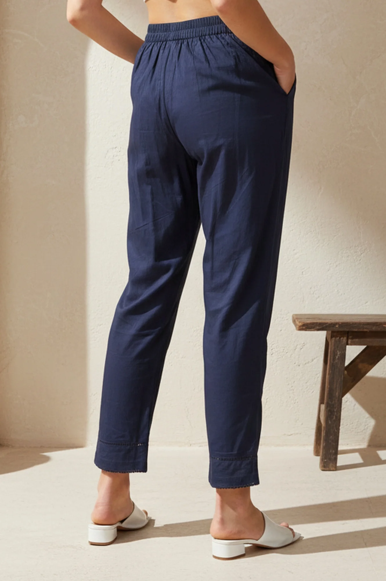 Navy Solid Pure Cotton Straight Fit Ankle Length Trousers - Image 4
