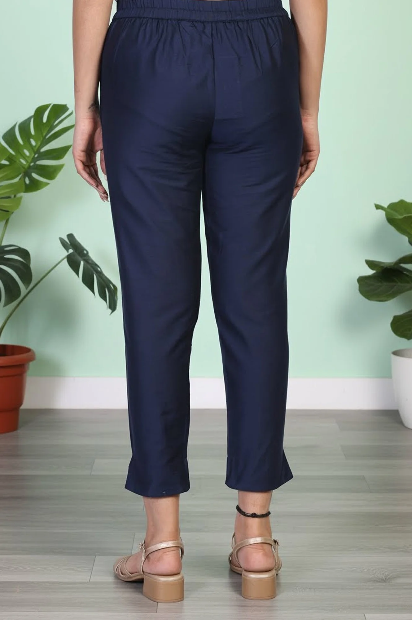 Navy Solid Tapered Viscose Trouser - Image 4